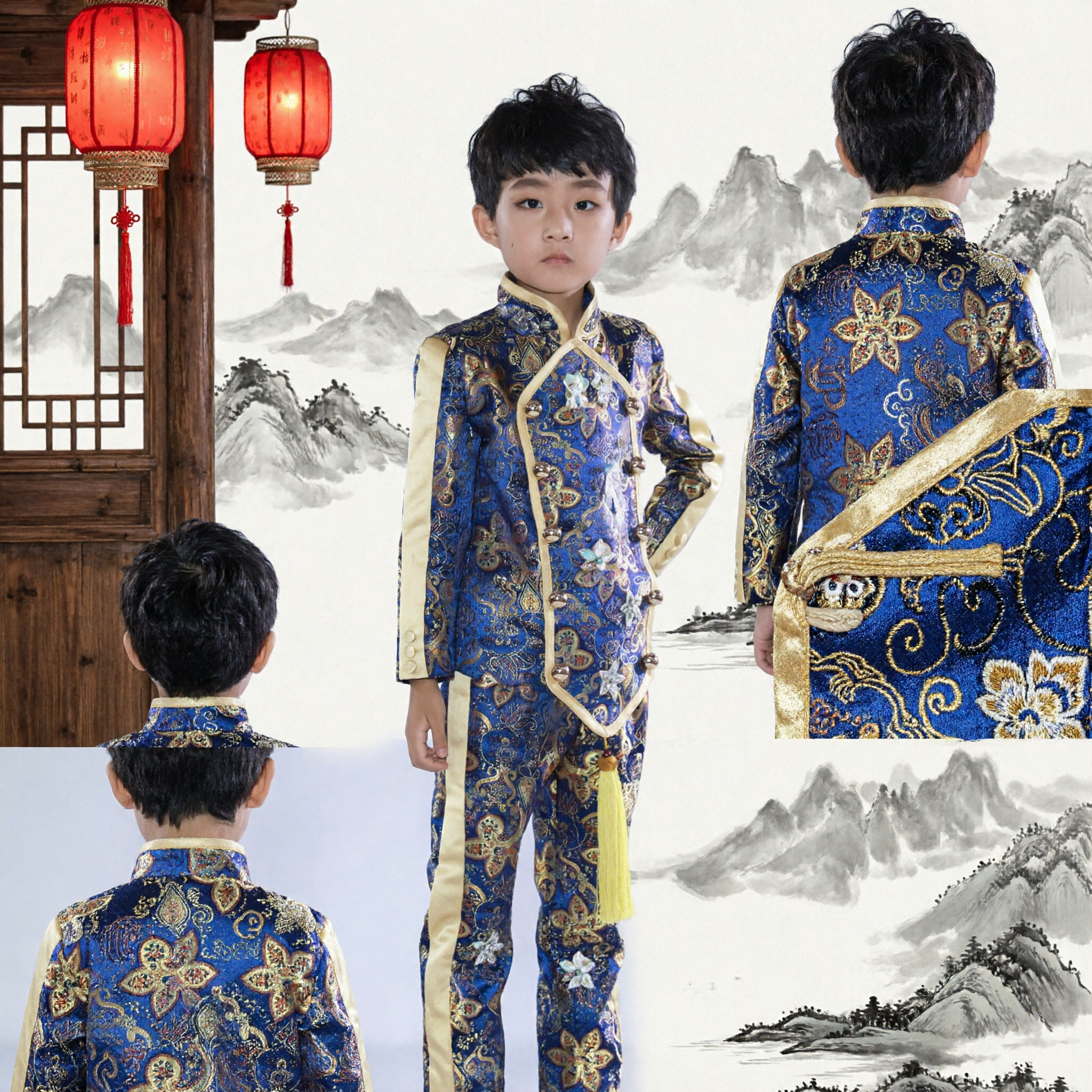 Boys Traditional Chinese Tang Suit Blue Brocade Kung Fu Uniform Dragon Costume for Performance - Asian Costume