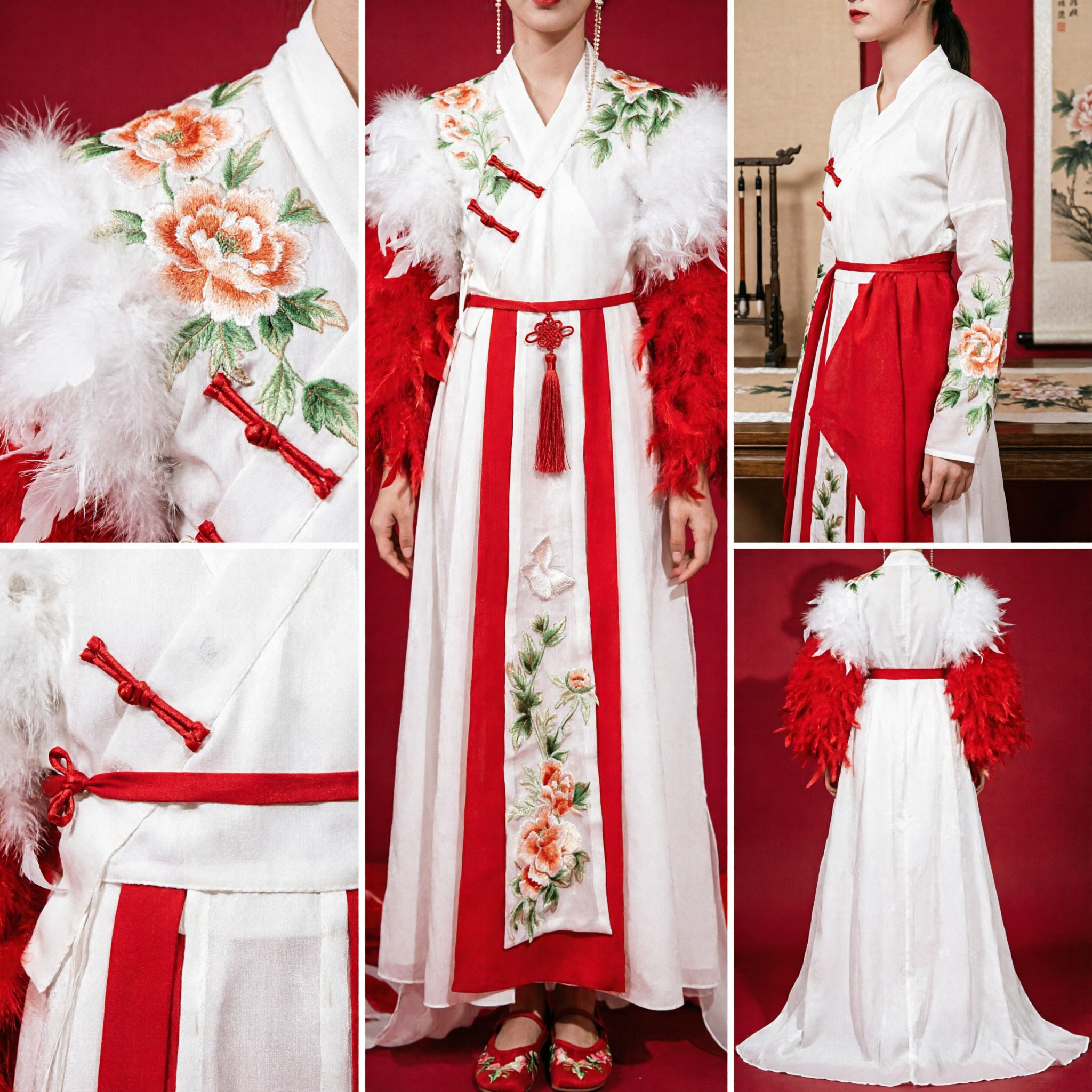 Traditional Chinese Hanfu Ancient Costume Red and White Dress with Feather Shawl for Women Wedding Performance - Asian Costume
