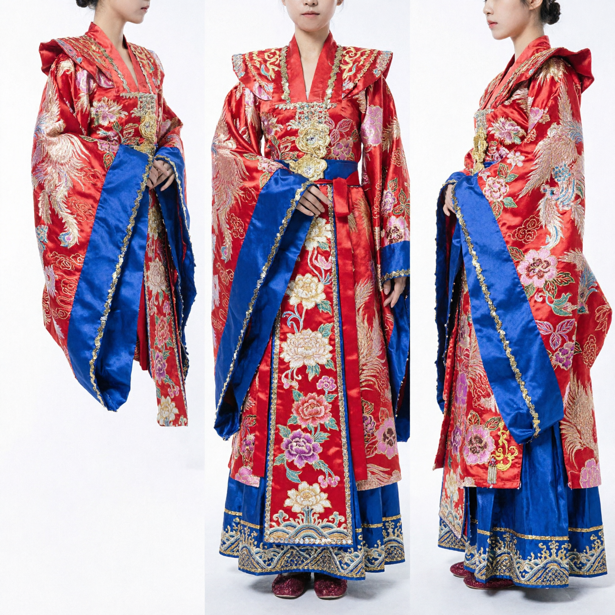 Traditional Chinese Red and Blue Ancient Palace Princess Hanfu Costume with Phoenix Embroidery for Kids - Asian Costume