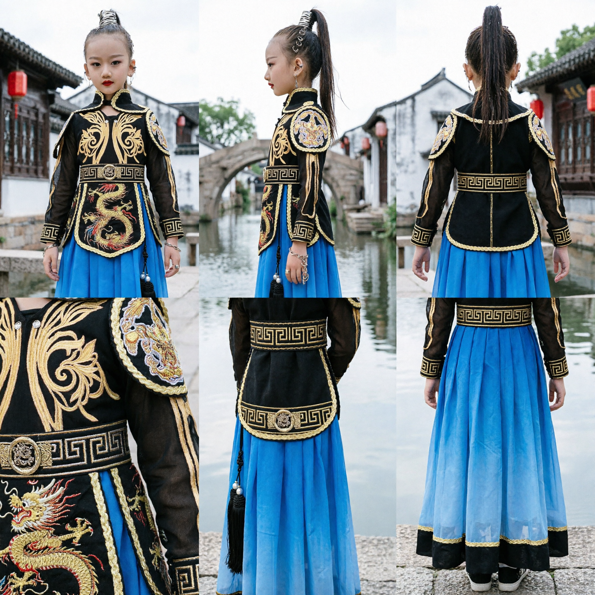 Kids Chinese Ancient Warrior Costume for Girls Hua Mulan Sword Dance Performance Outfit Traditional Hanfu Armor Set - Asian Costume