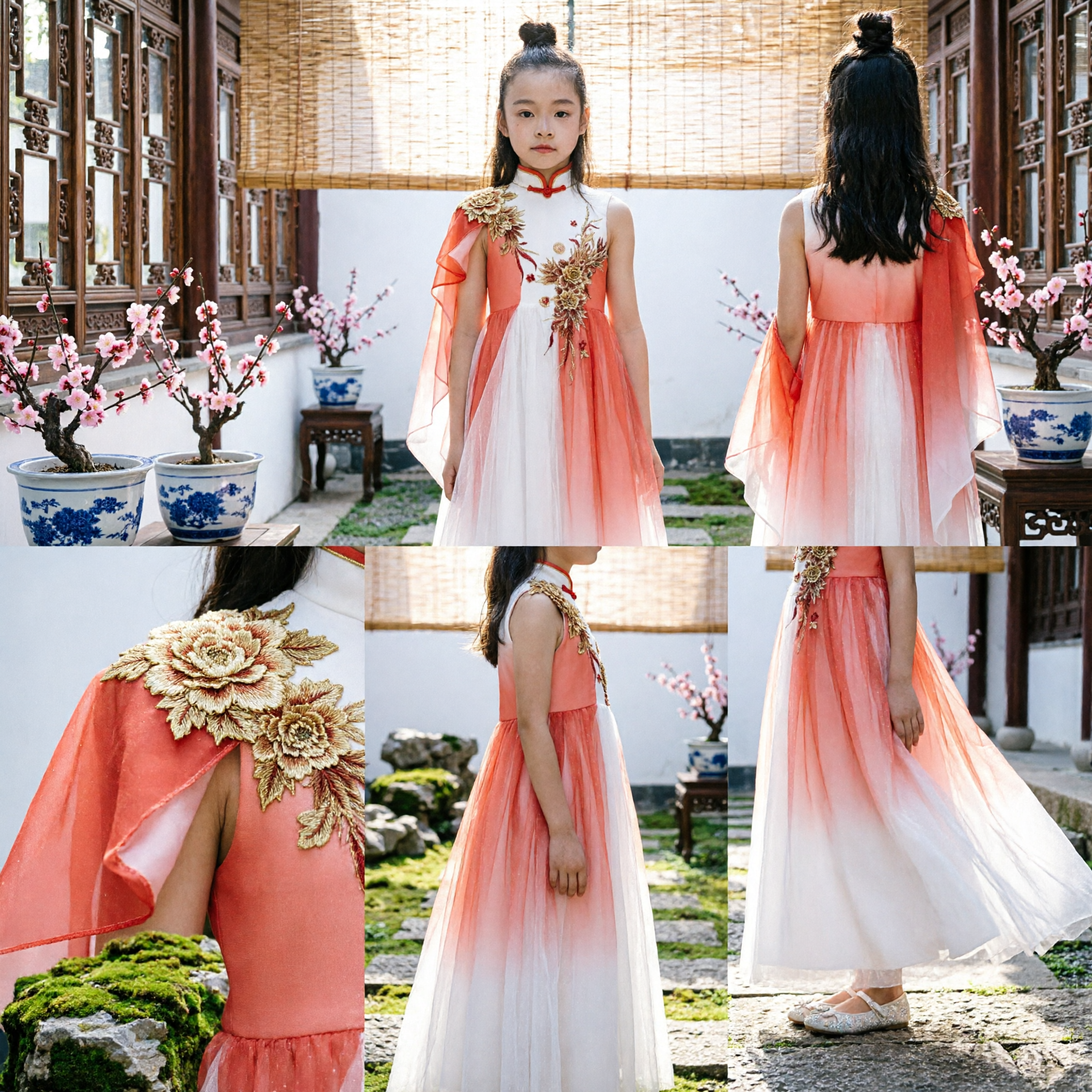 Kids Chinese Traditional Qipao Dress Girls Modern Floral Embroidery Stage Performance Host Gown Costume - Asian Costume