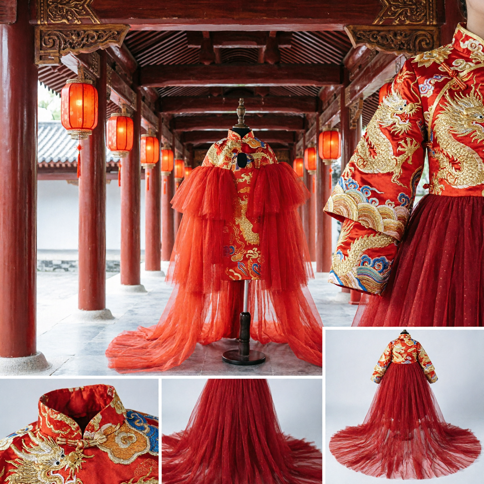 Traditional Chinese Wedding Red Tulle Cape Cloak Embroidered Dragon Phoenix Bride Xiuhe Suit Accessories - Asian Costume