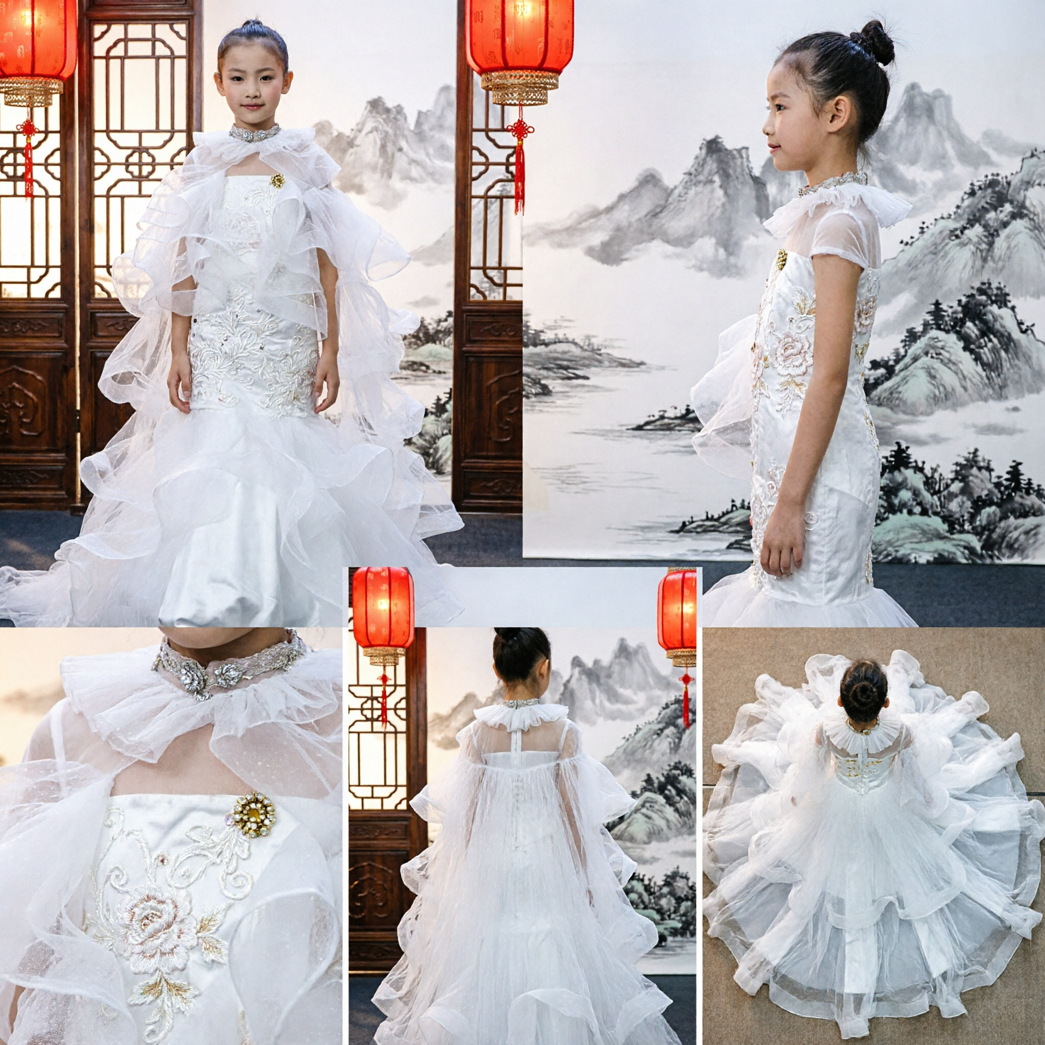 Elegant White Ruffled Tulle Princess Dress for Girls Kids Wedding Gown Stage Performance Costume - Asian Costume