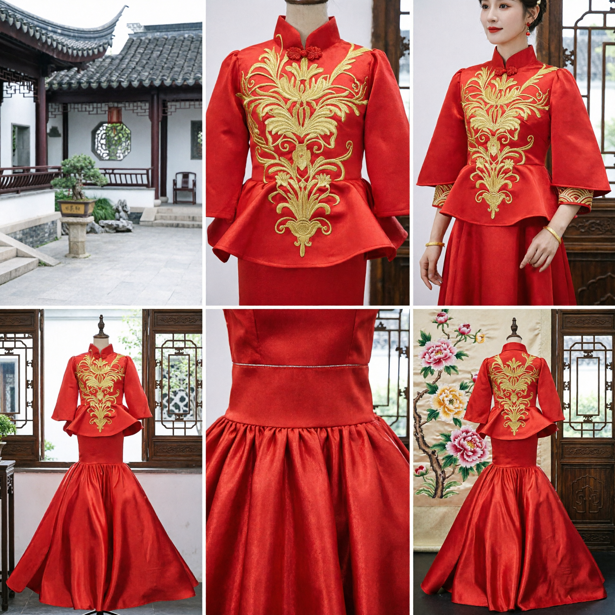 Traditional Chinese Wedding Dress Red Xiuhe Suit Gold Embroidery Bride Toast Dress Formal Evening Gown - Asian Costume