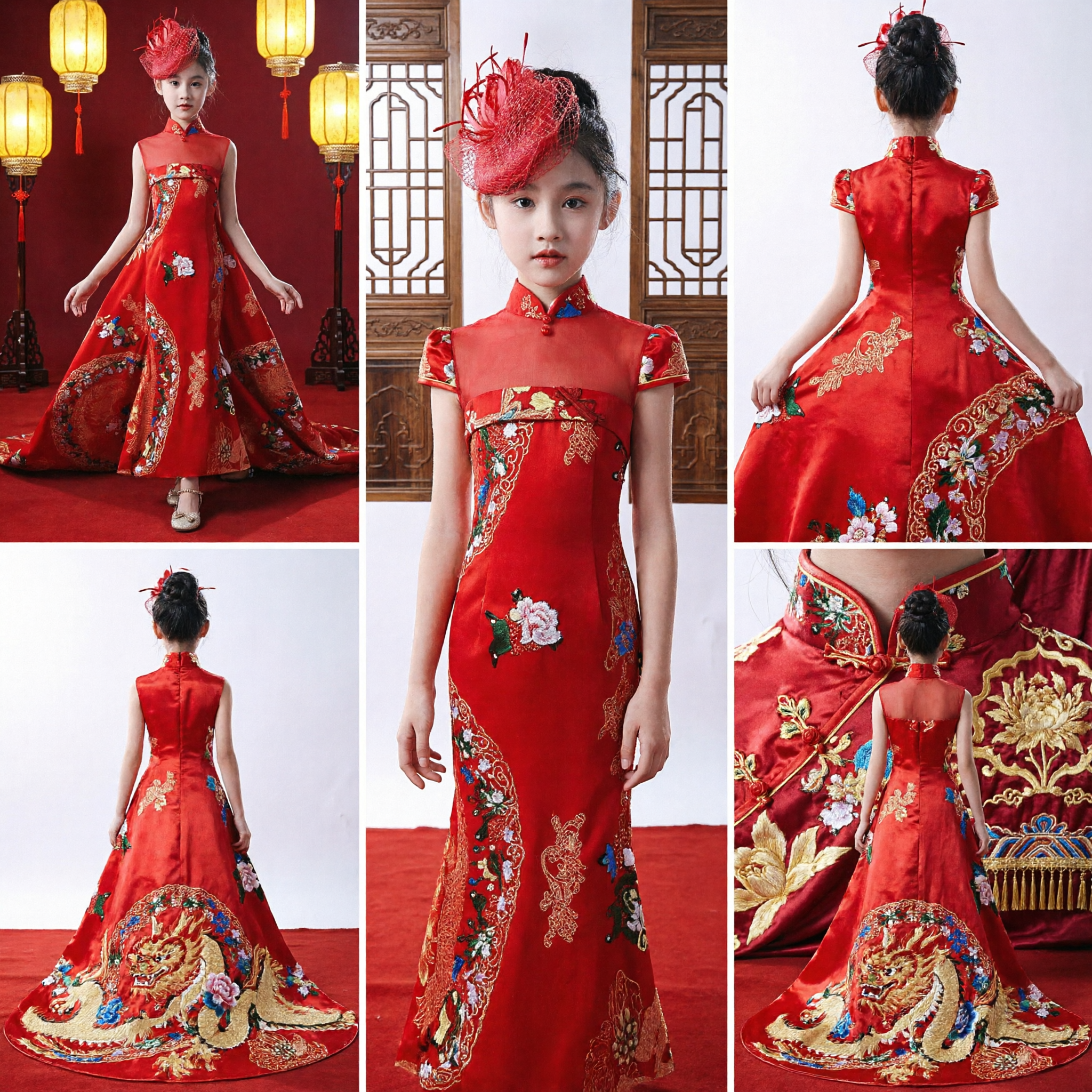 Girls Red Traditional Chinese Cheongsam Dress with Gold Embroidery for Wedding Flower Girl Formal Occasion - Asian Costume