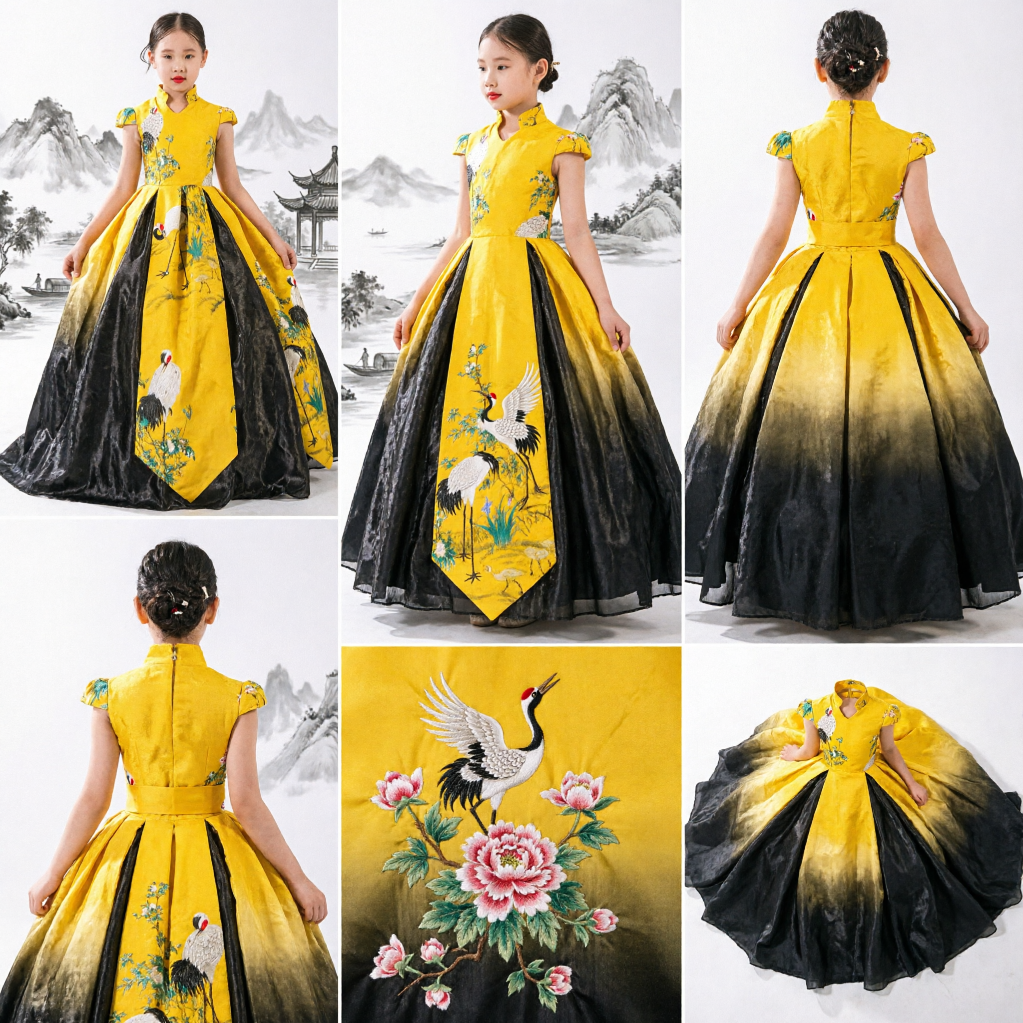 Kids Girls Yellow Chinese Cheongsam Ballgown with Crane Print Black Skirt for Stage Pageant Wedding - Asian Costume