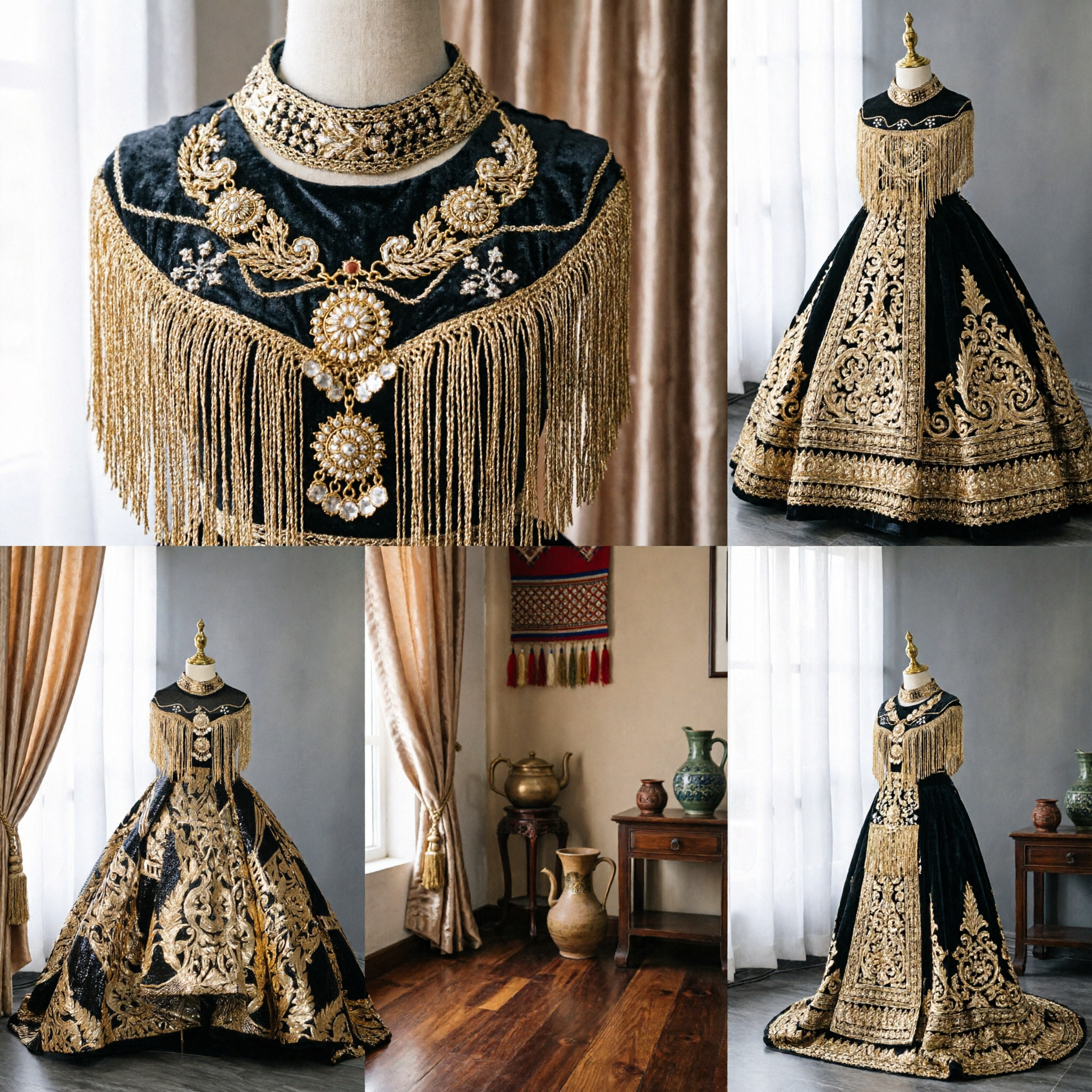 Women's Traditional Chinese Stage Performance Dress Black Velvet Gown with Gold Embroidery and Fringe - Asian Costume