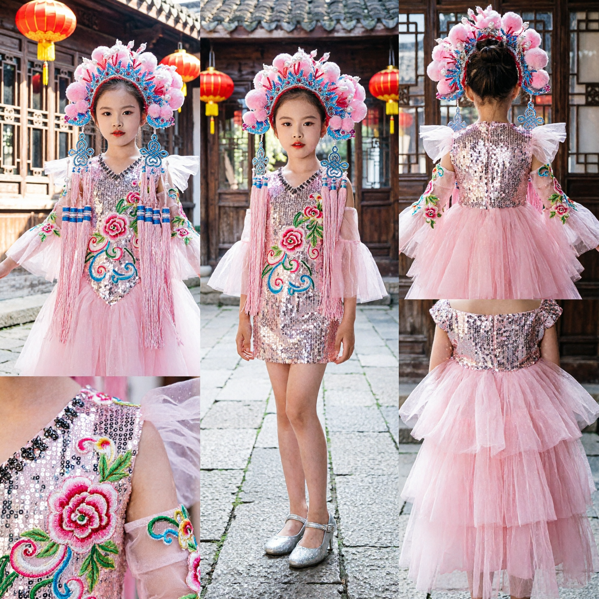 Kids Chinese Traditional Peking Opera Costume Pink Tulle Ballgown Stage Performance Dress with Headpiece for Girls - Asian Costume