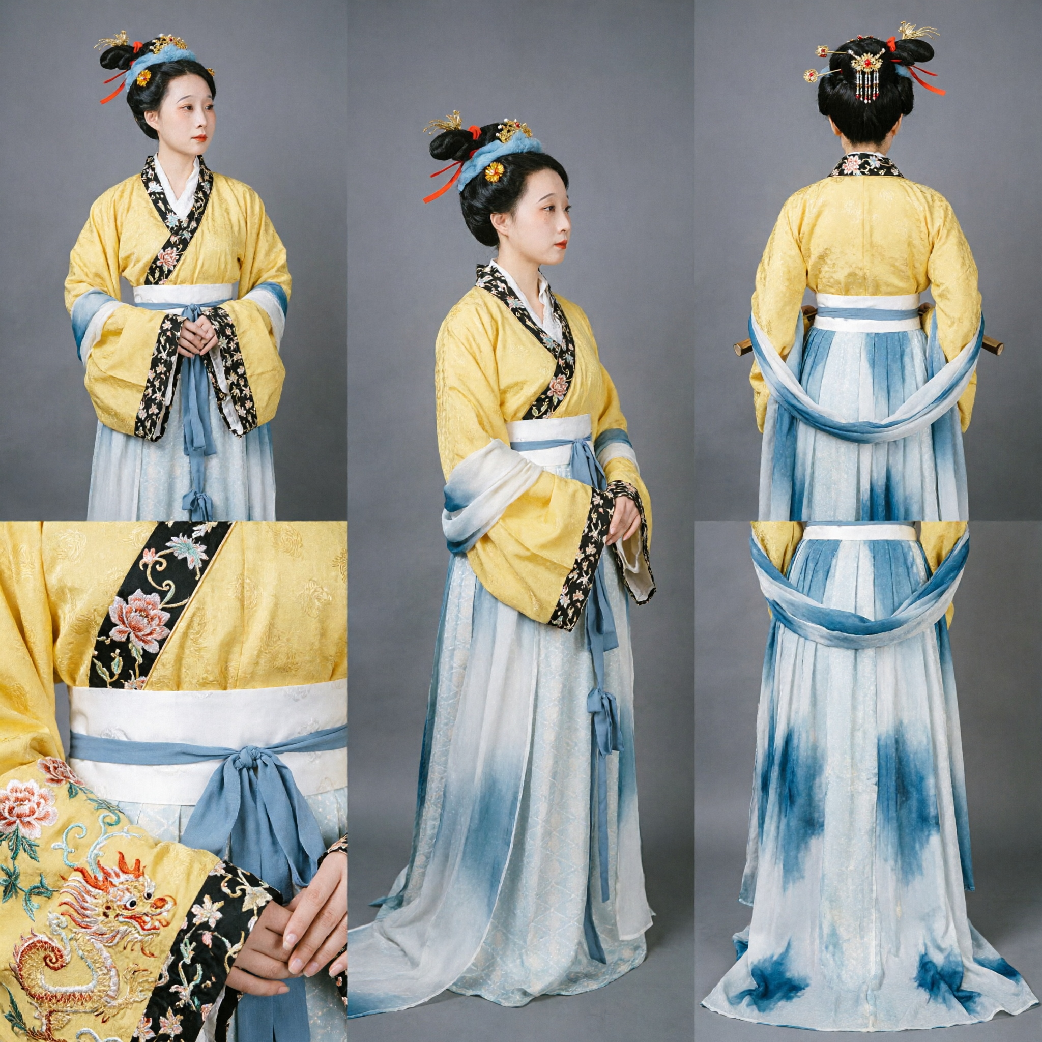 Elegant Traditional Chinese Hanfu Costume for Women Yellow Upper Garment Blue Gradient Skirt Ancient Dress - Asian Costume
