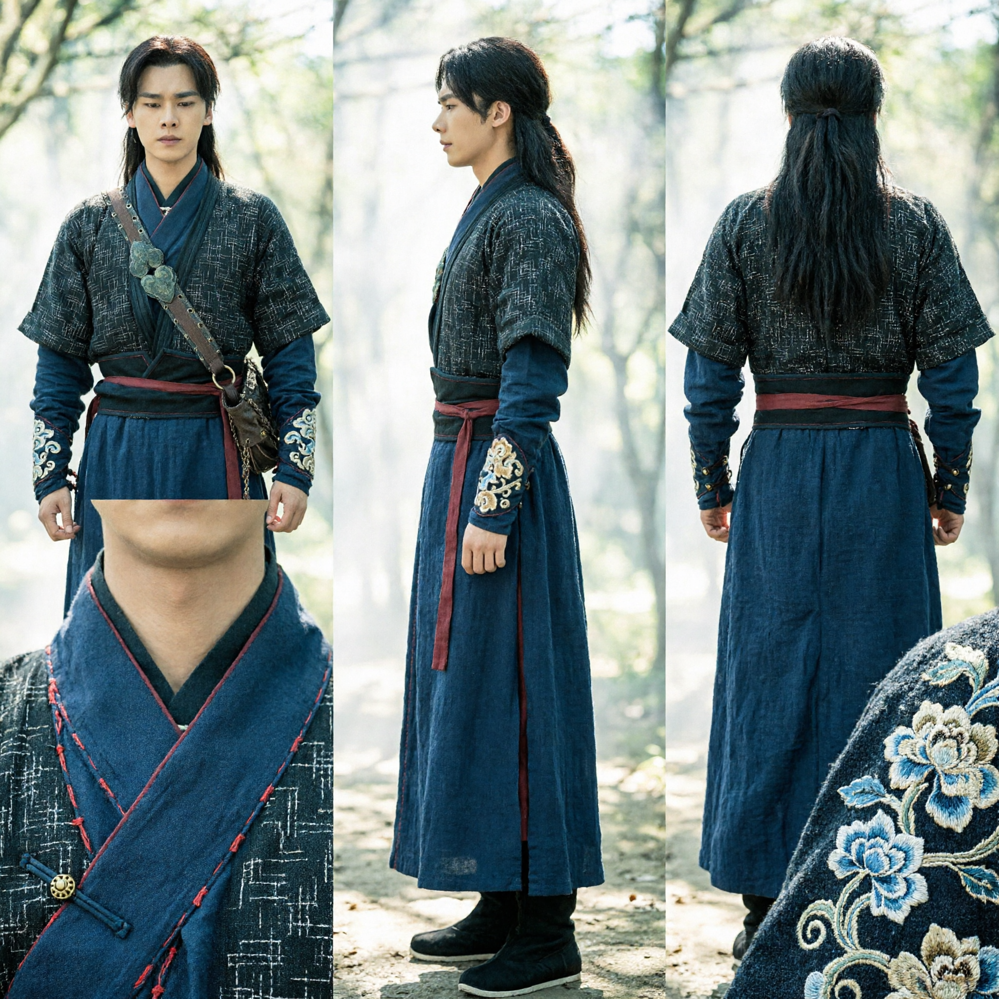 Costume de guerrier chinois ancien pour hommes Tenue d'archer Hanfu à carreaux bleu foncé pour cosplay - Asian Costume