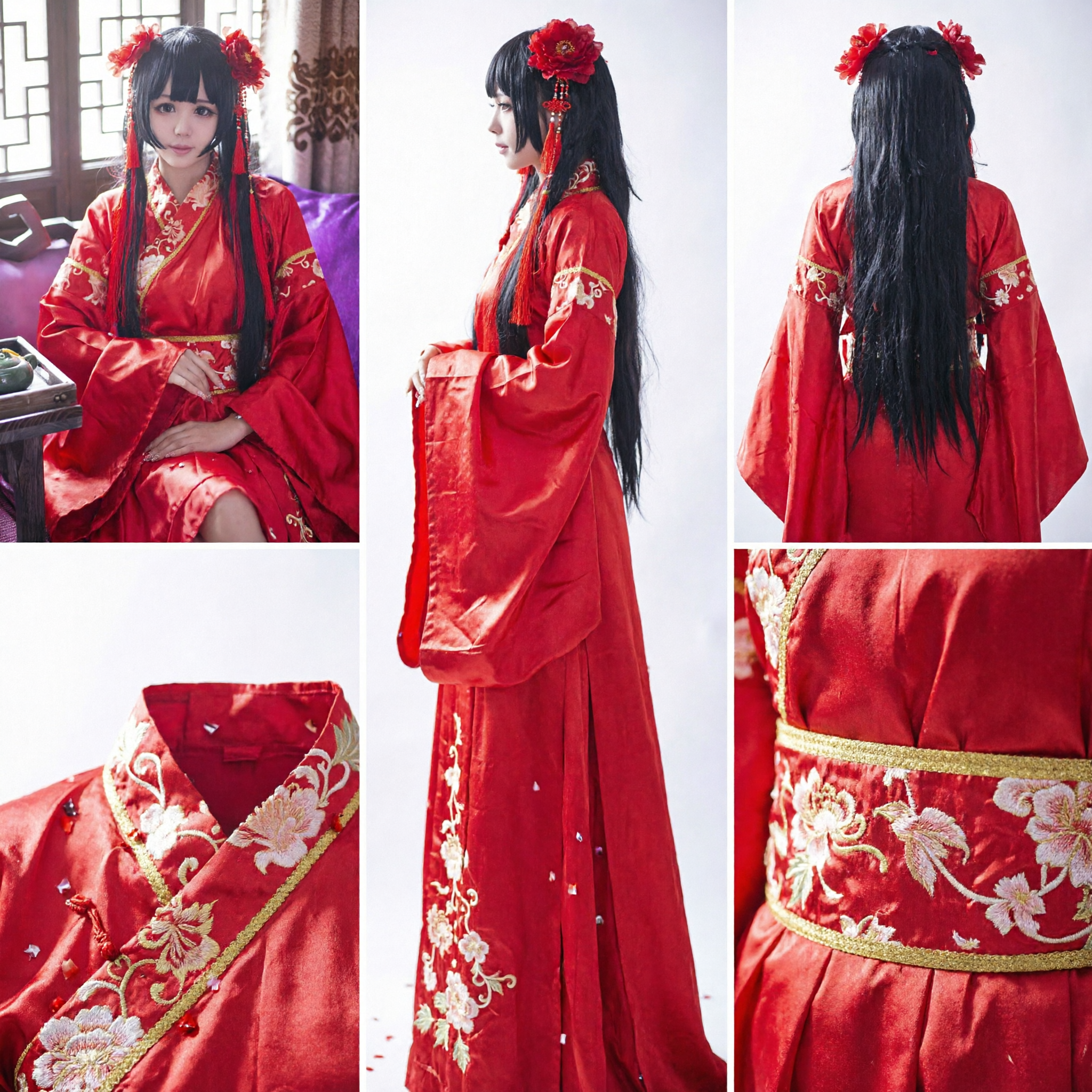 Traditional Chinese Red Hanfu Wedding Dress Ancient Bridal Costume with Hair Accessories for Women - Asian Costume