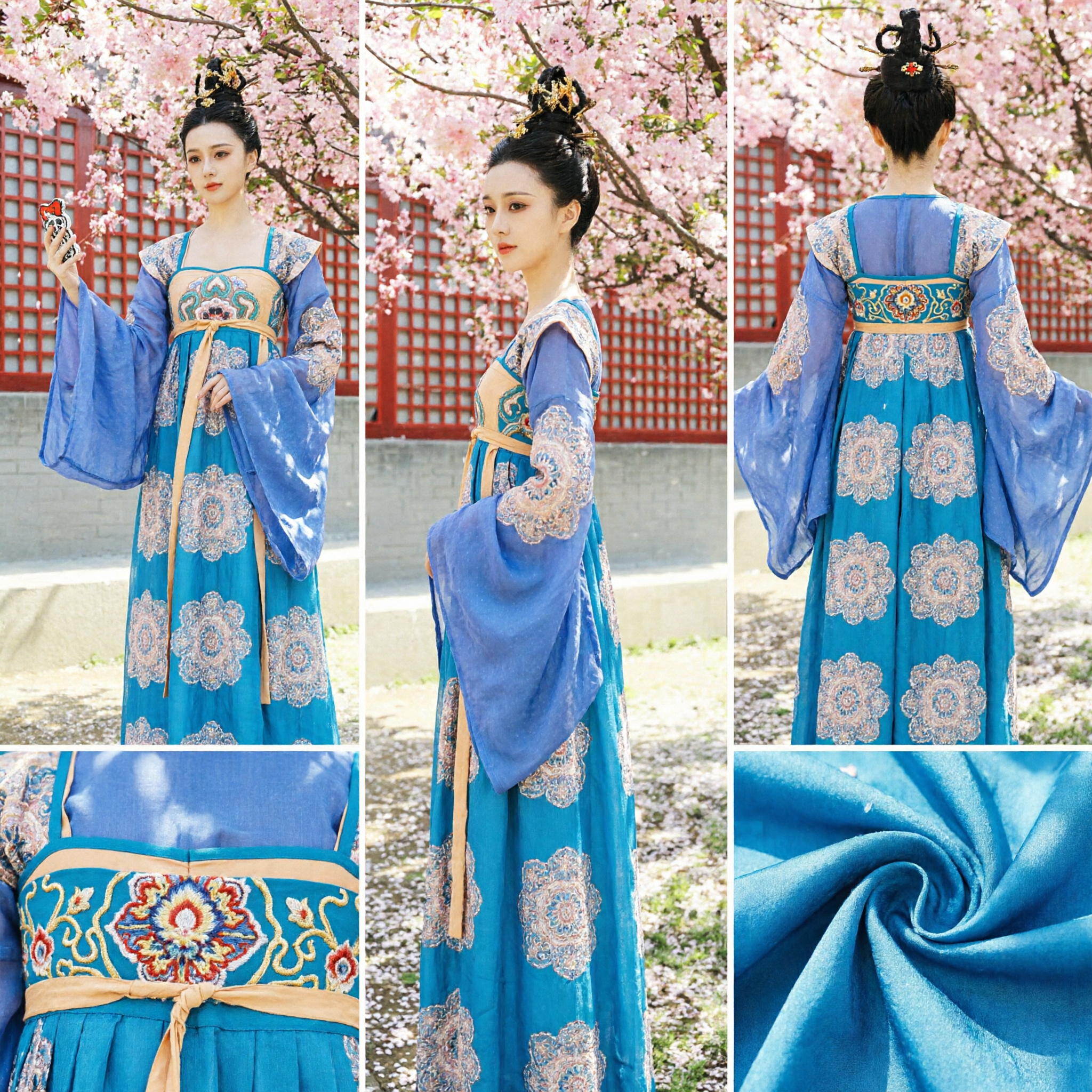 Traditional Chinese Tang Dynasty Hanfu Blue Floral Palace Dress Ancient Costume for Women Cosplay and Photography - Asian Costume