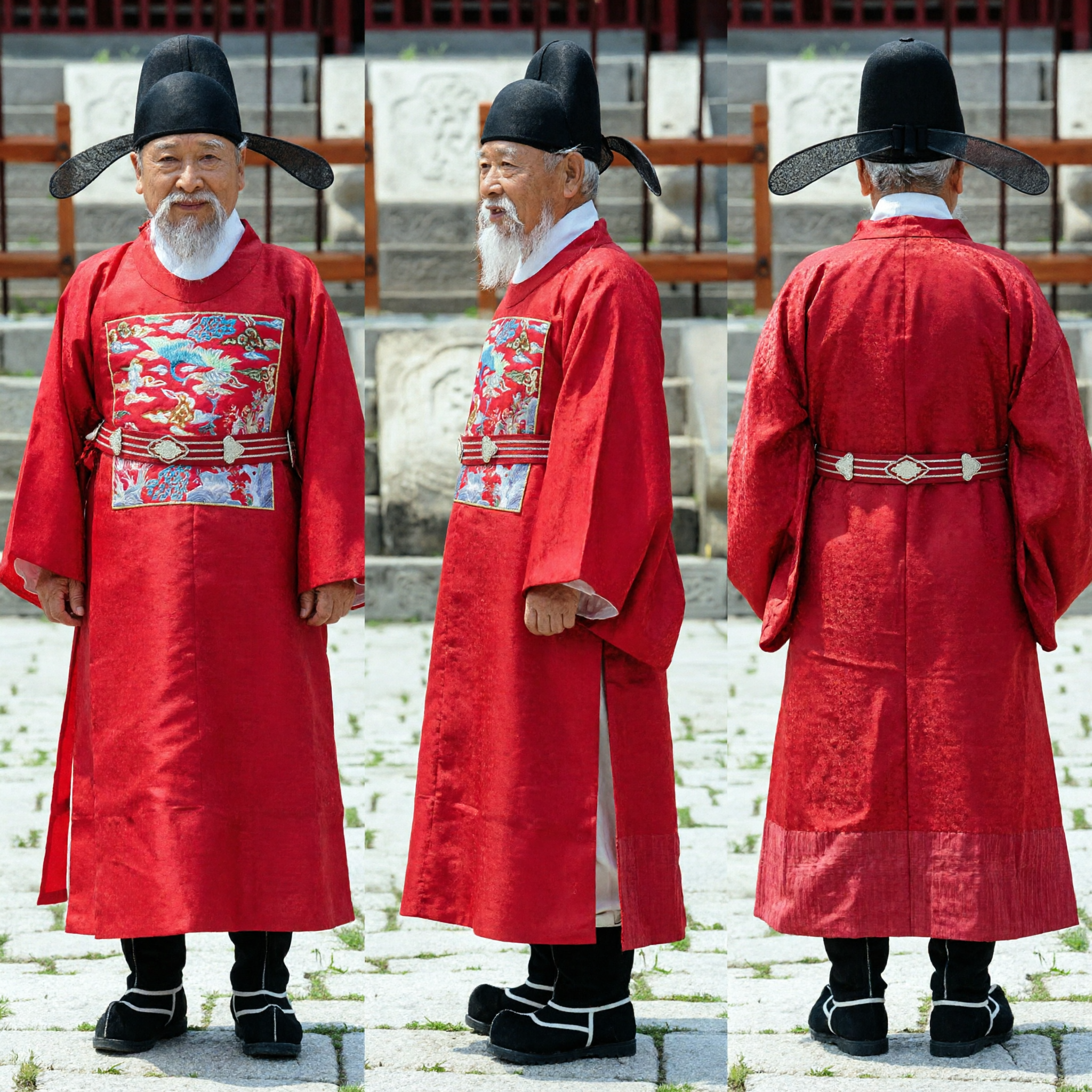 Traditional Korean Men's Red Official Hanbok Robe with Embroidered Chest Patch for Wedding Groom Costume - Asian Costume