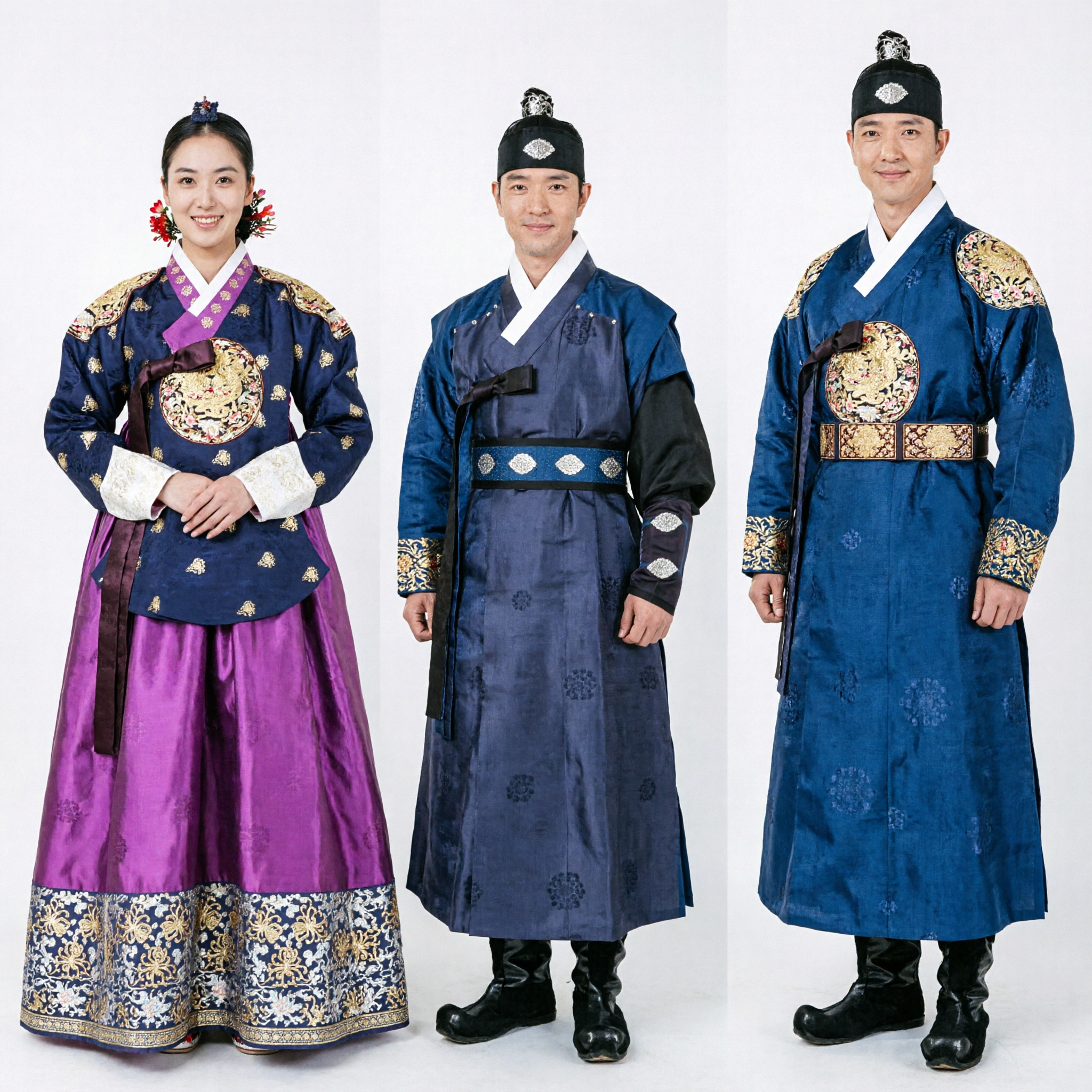 Traditional Korean Hanbok Couple Set Navy Blue Groom and Purple Bride Formal Wedding Attire Costume - Asian Costume