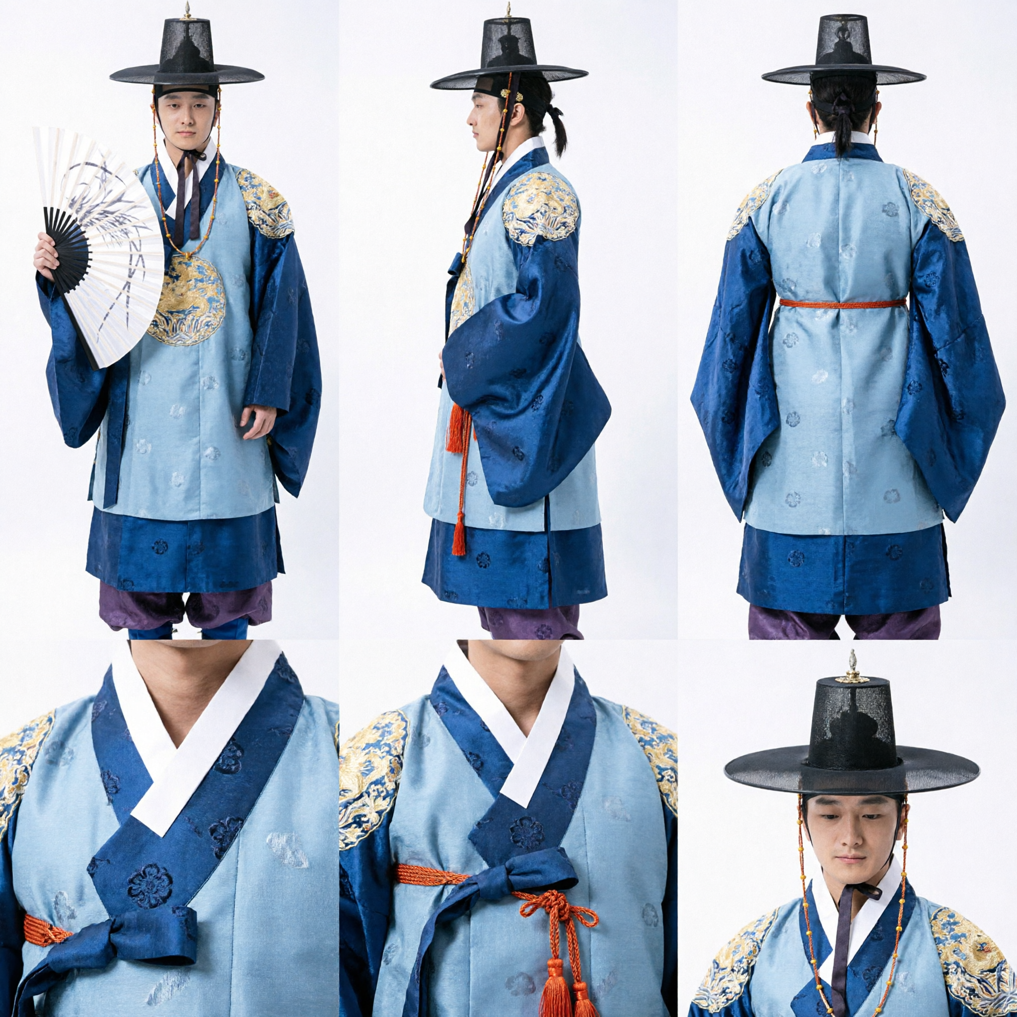Traditional Korean Scholar Hanbok Costume for Men with Black Gat Hat and Fan for Stage Performance - Asian Costume