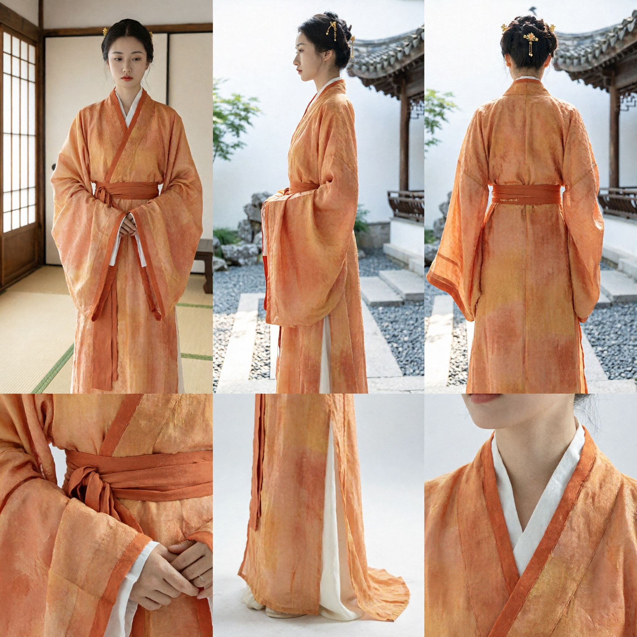 Elegant Orange Gradient Hanfu Traditional Chinese Ancient Costume Cross-collar Robe for Women Historical Reenactment - Asian Costume