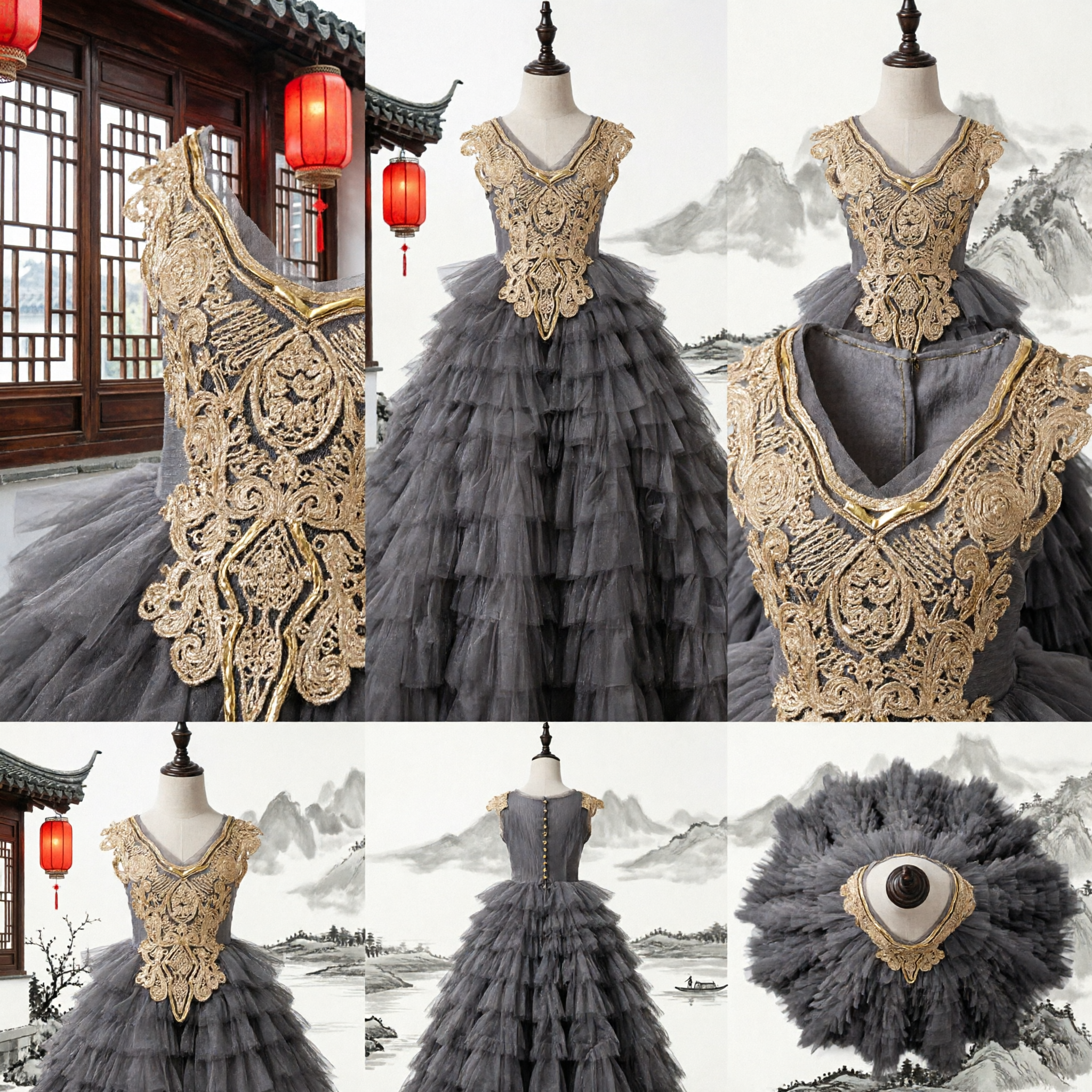 Elegant Grey Tiered Tulle Ballgown with Gold Lace Bodice Formal Dress for Girls Pageant Wedding - Asian Costume