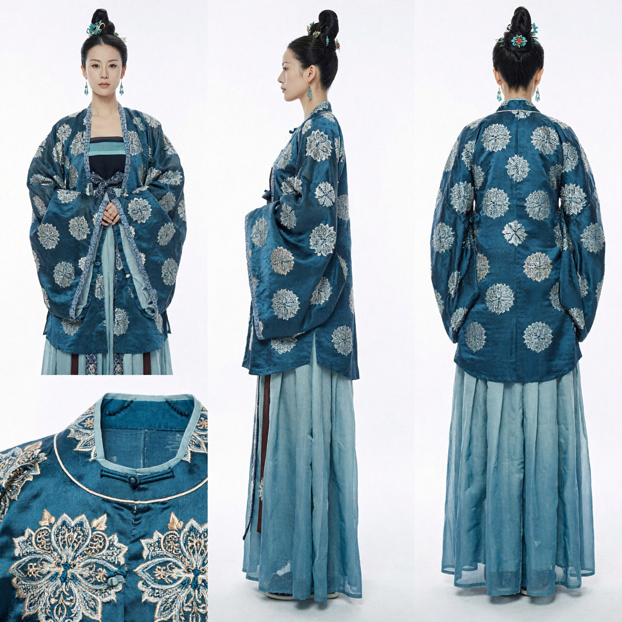 Traditional Chinese Hanfu Ancient Costume Teal Floral Wide Sleeve Dress for Women Historical Photography Cosplay - Asian Costume