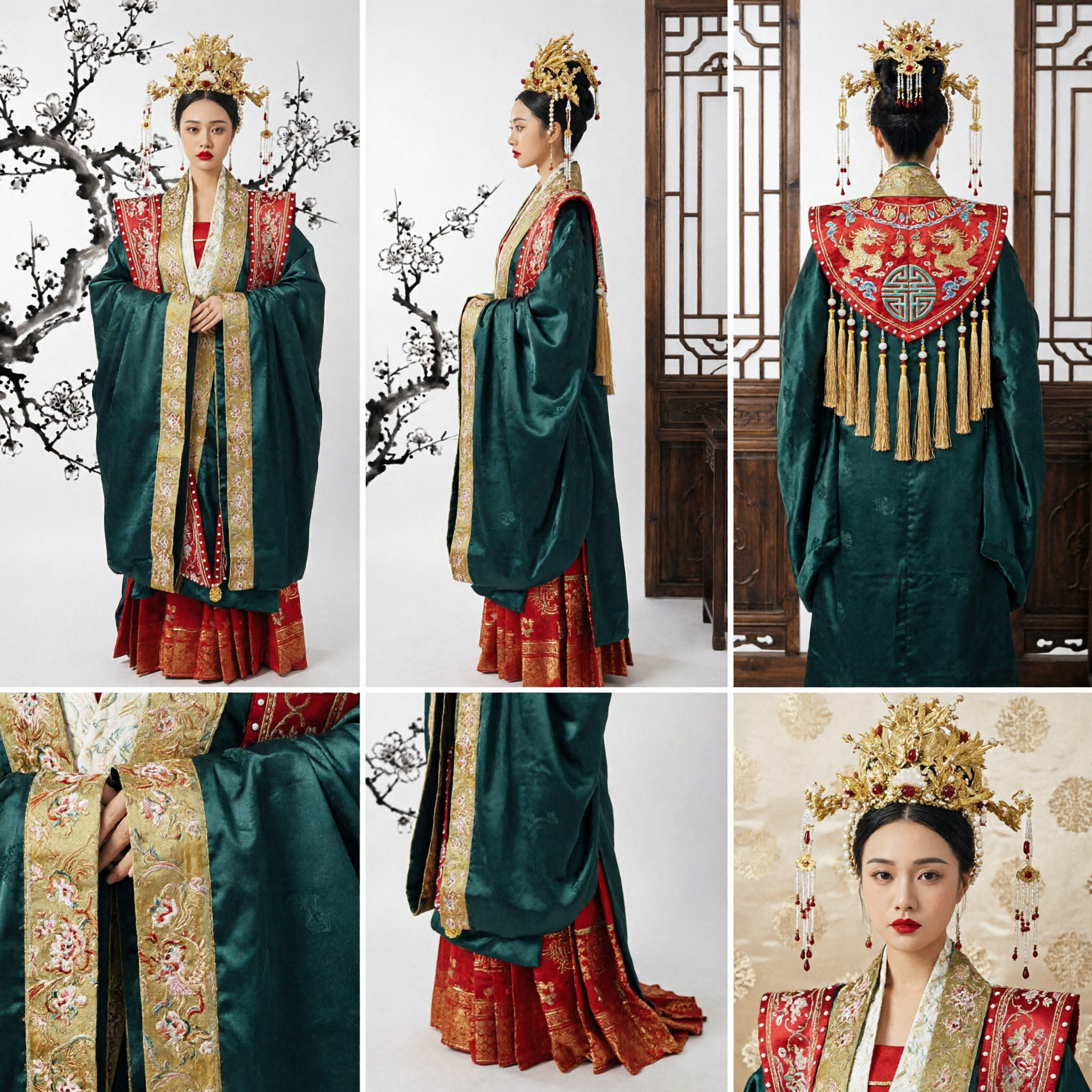Ancient Chinese Traditional Hanfu Wedding Dress Royal Empress Costume Green and Red Embroidered Gown for Women - Asian Costume