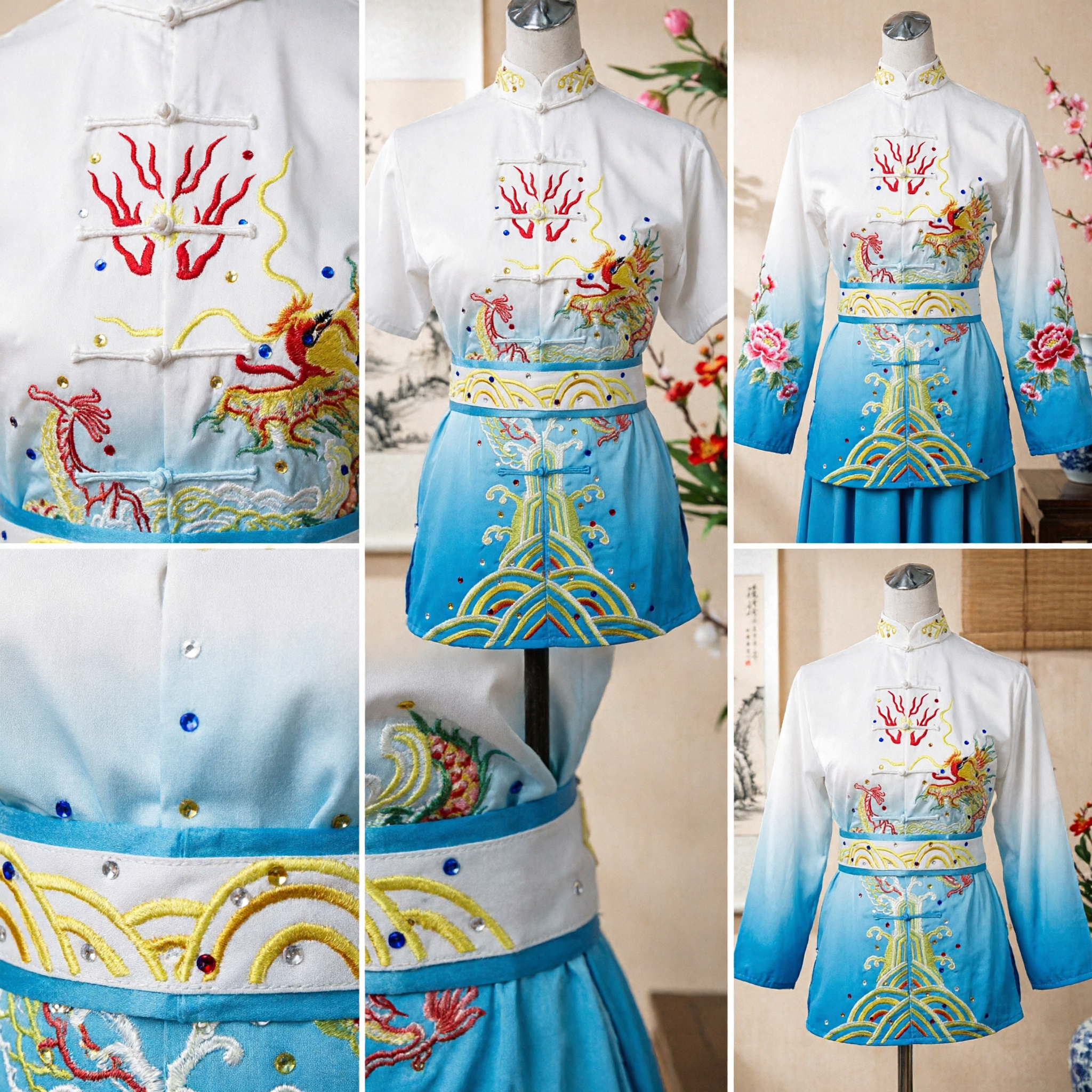 Traditional Chinese Kung Fu Uniform Dragon Embroidery Tai Chi Suit White Blue Gradient Martial Arts Costume Set - Asian Costume