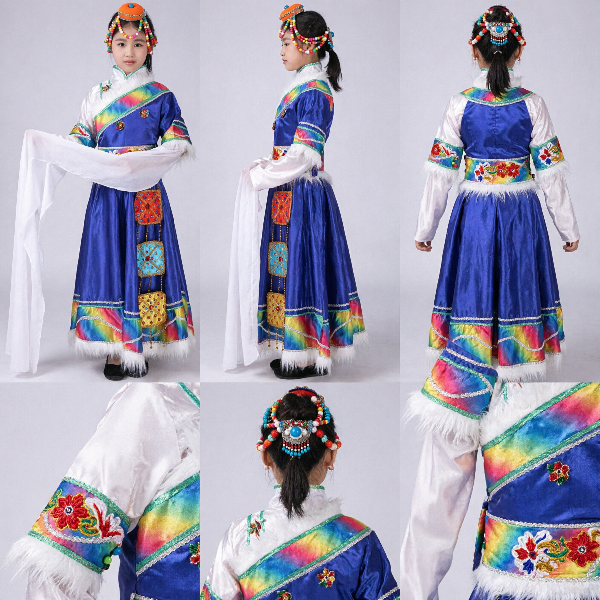 Traditional Tibetan Costume for Kids Blue Silk Folk Dance Dress with Rainbow Trim and Water Sleeves - Asian Costume