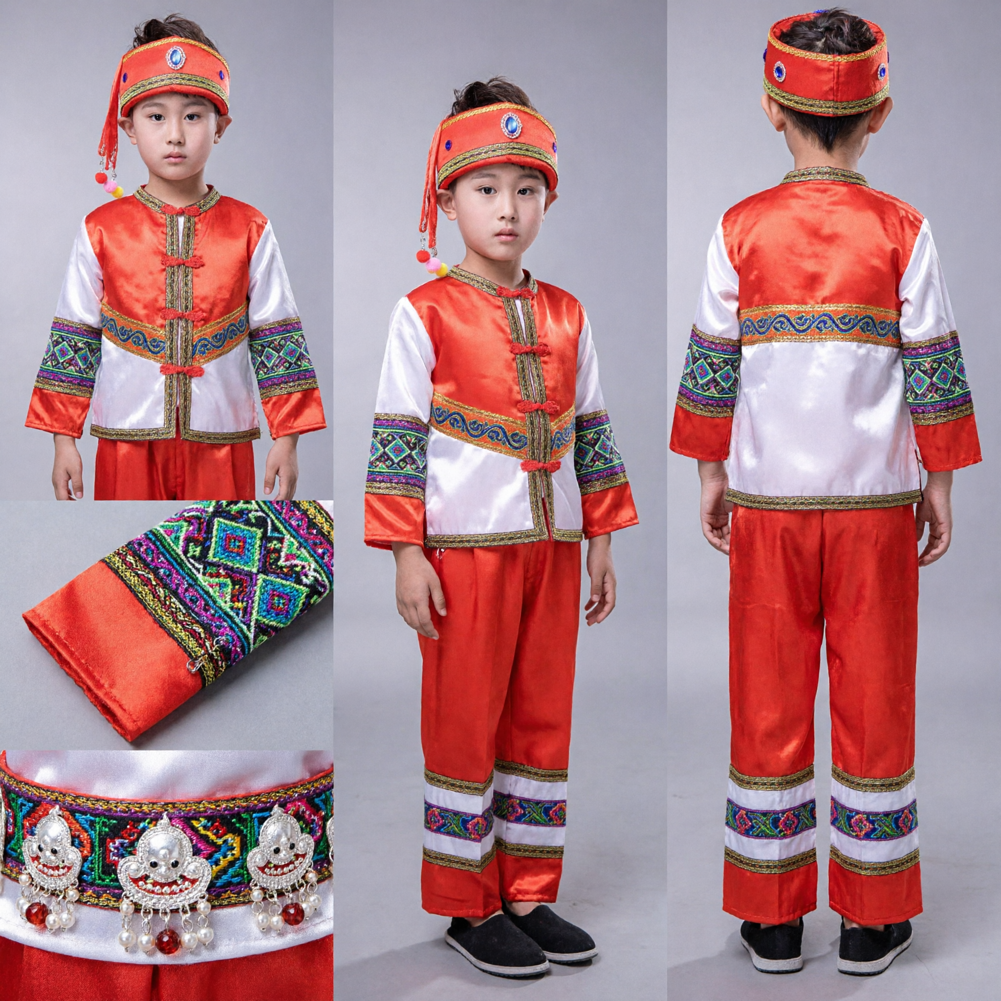 Boys Chinese Traditional Ethnic Folk Dance Costume Kids Minority Stage Performance Outfit Red Embroidered Vest Set - Asian Costume