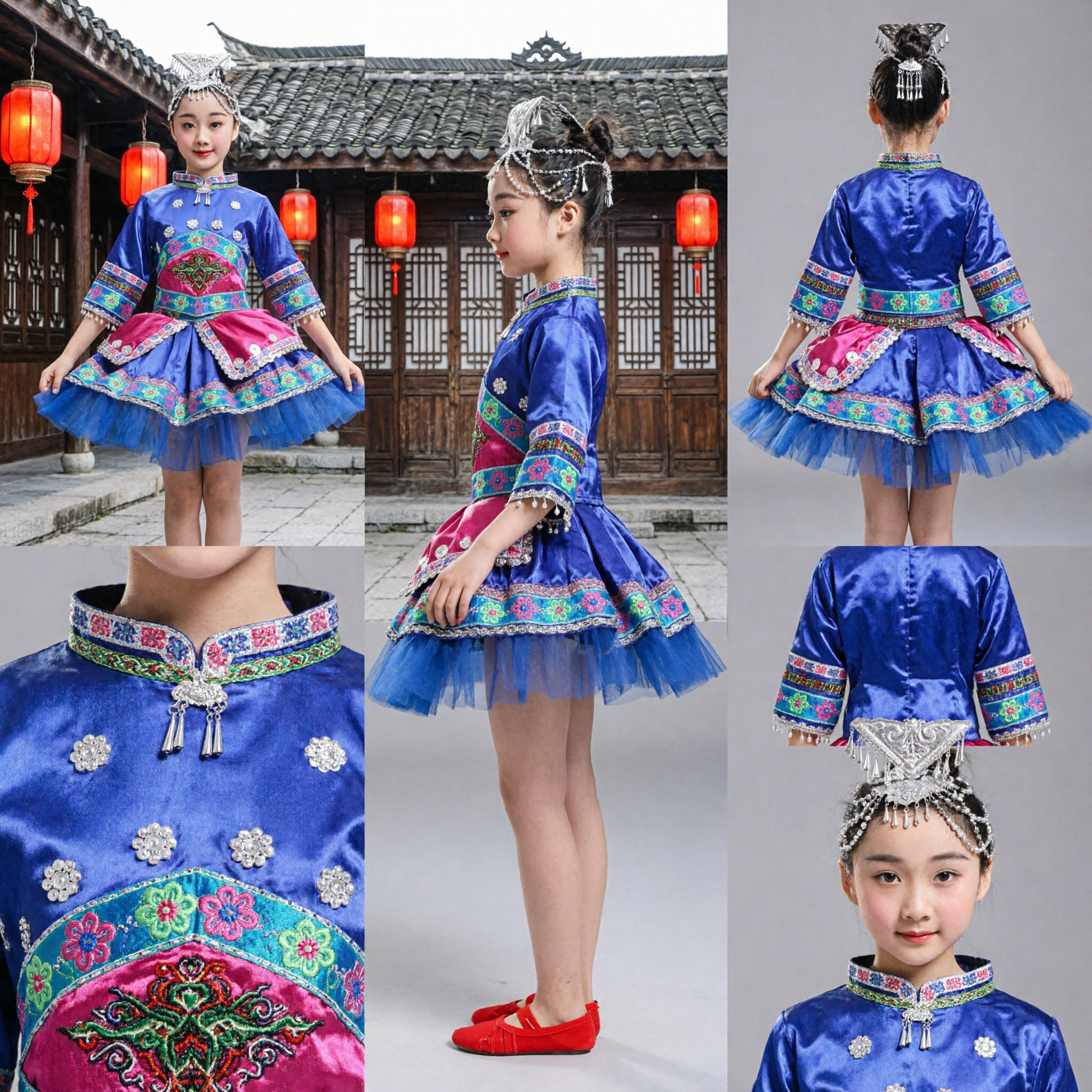 Chinese Miao Ethnic Minority Dance Costume for Girls Blue Satin Dress with Silver Headdress for Stage Performance - Asian Costume
