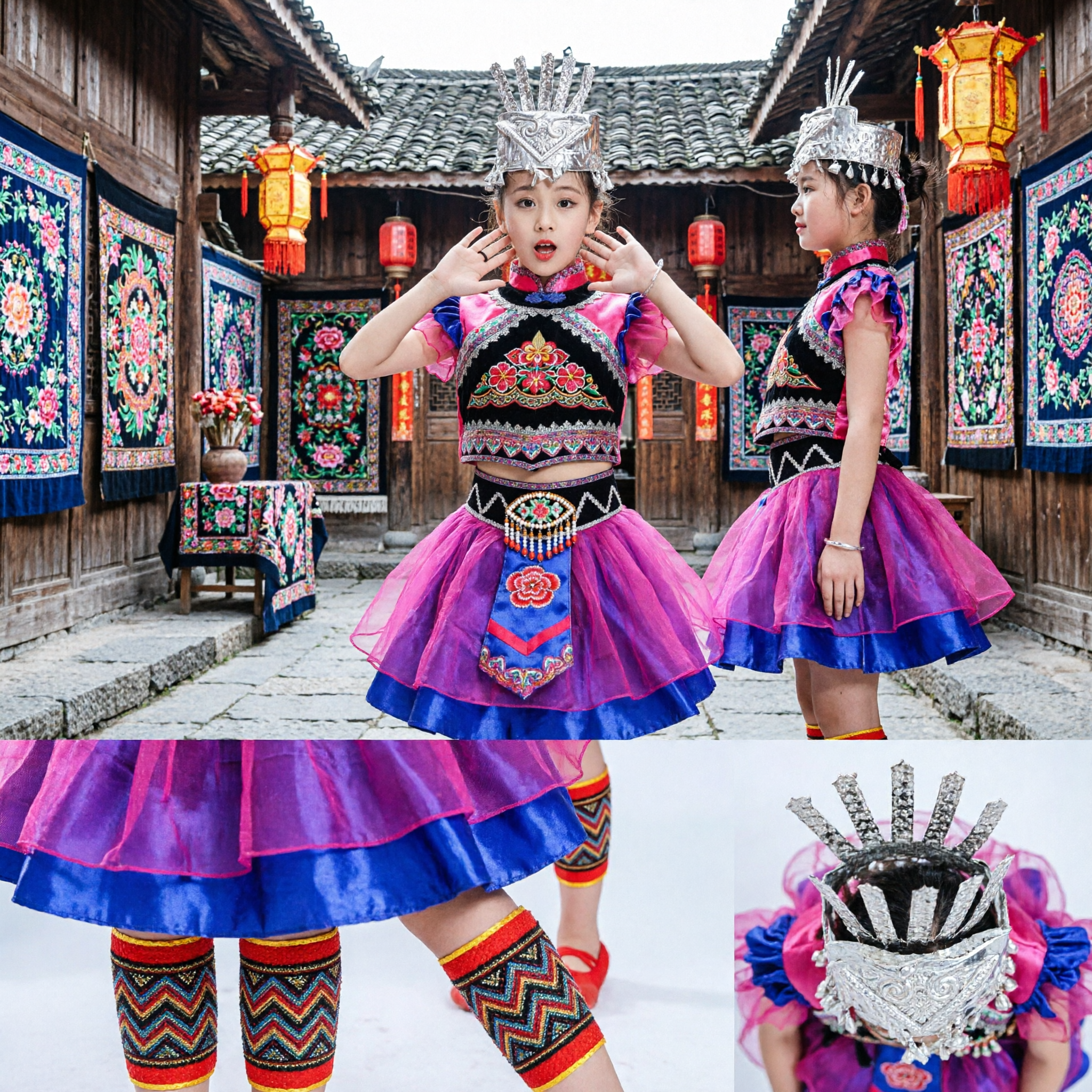 Girls Chinese Miao Minority Dance Costume Kids Traditional Ethnic Folk Stage Performance Outfit - Asian Costume