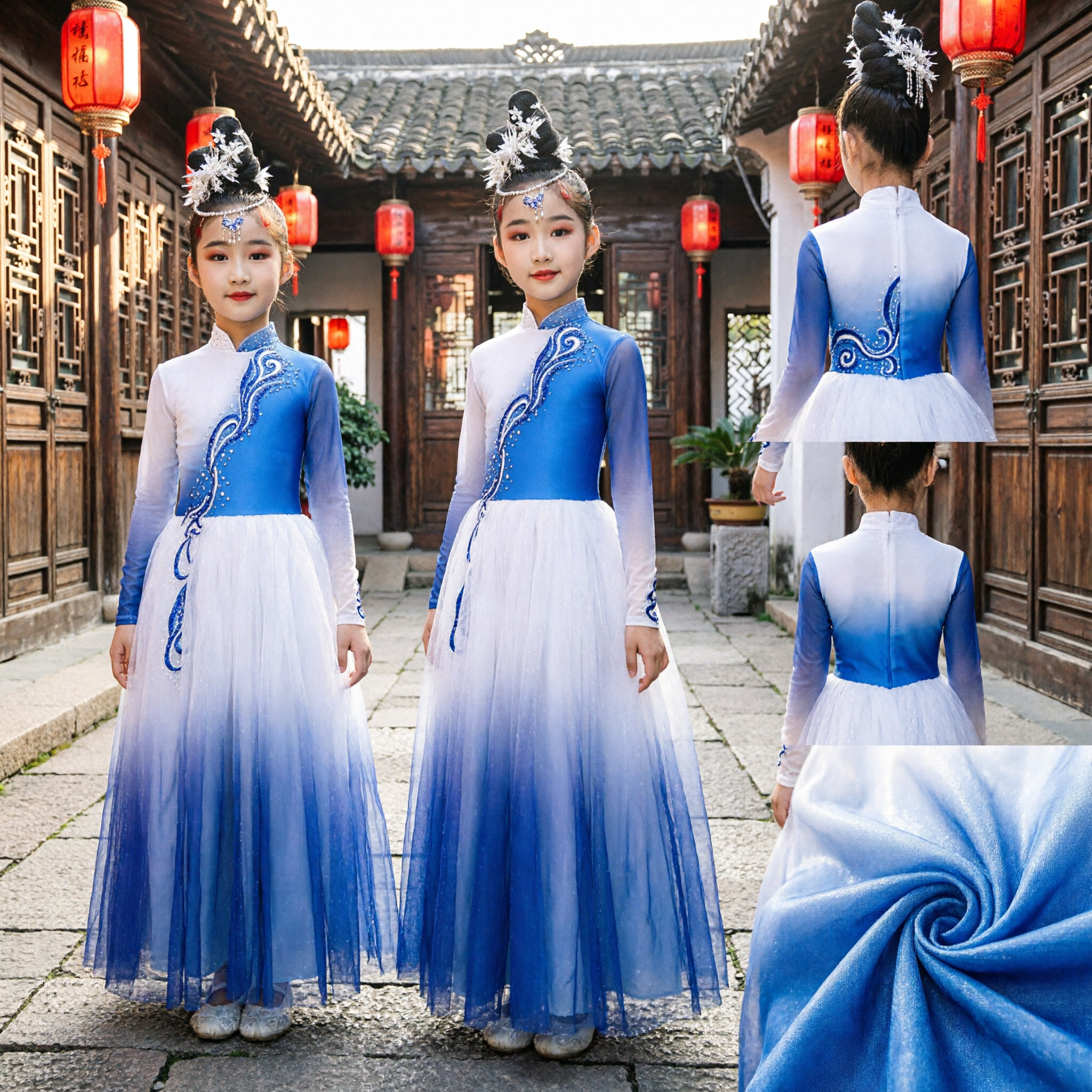 Chinese Classical Dance Costume for Kids Girls Blue White Gradient Hanfu Stage Performance Dress - Asian Costume