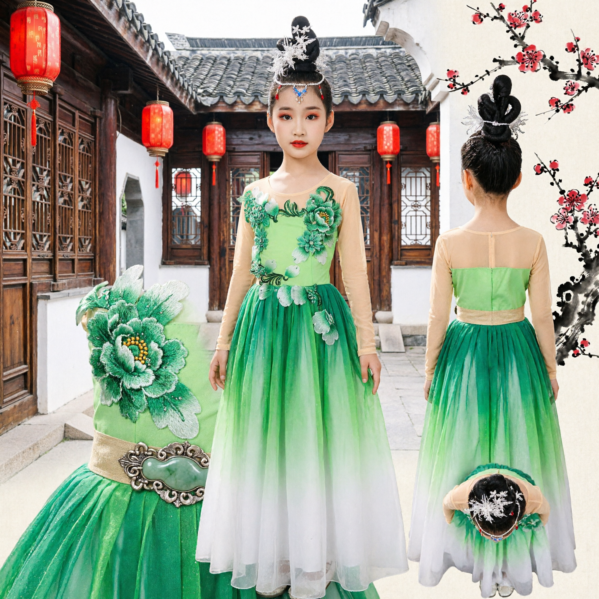 Kids Chinese Classical Dance Costume Green Gradient Long Dress Stage Performance Folk Outfit for Girls - Asian Costume