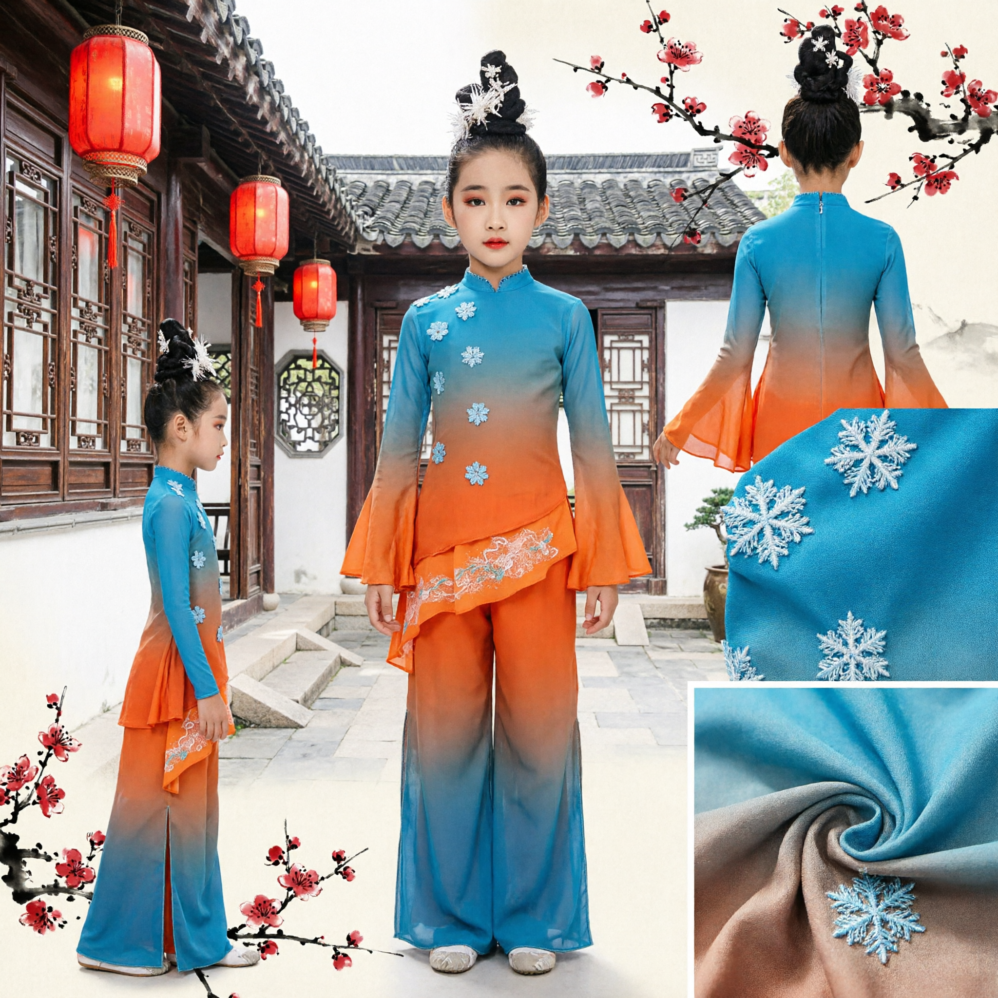 Traditional Chinese Folk Dance Costume for Kids Girls Gradient Blue Orange Performance Outfit with Flowers - Asian Costume