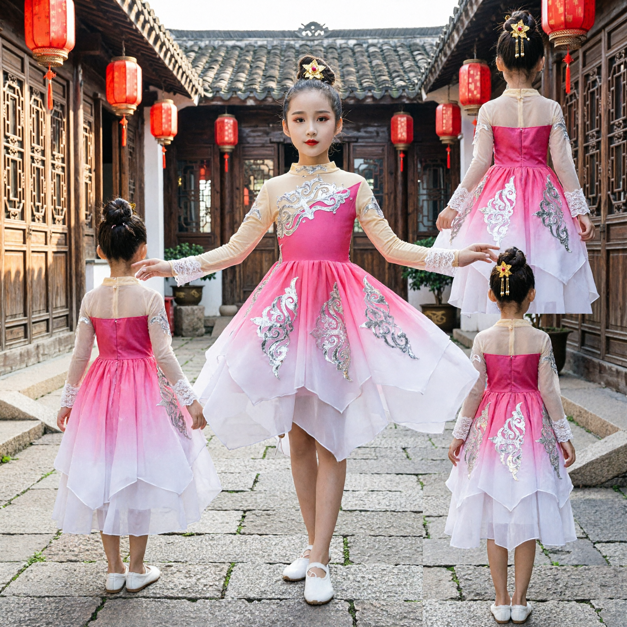Girls Chinese Classical Dance Costume Kids Folk Yangge Performance Dress Pink Gradient Skirt with Silver Embroidery - Asian Costume