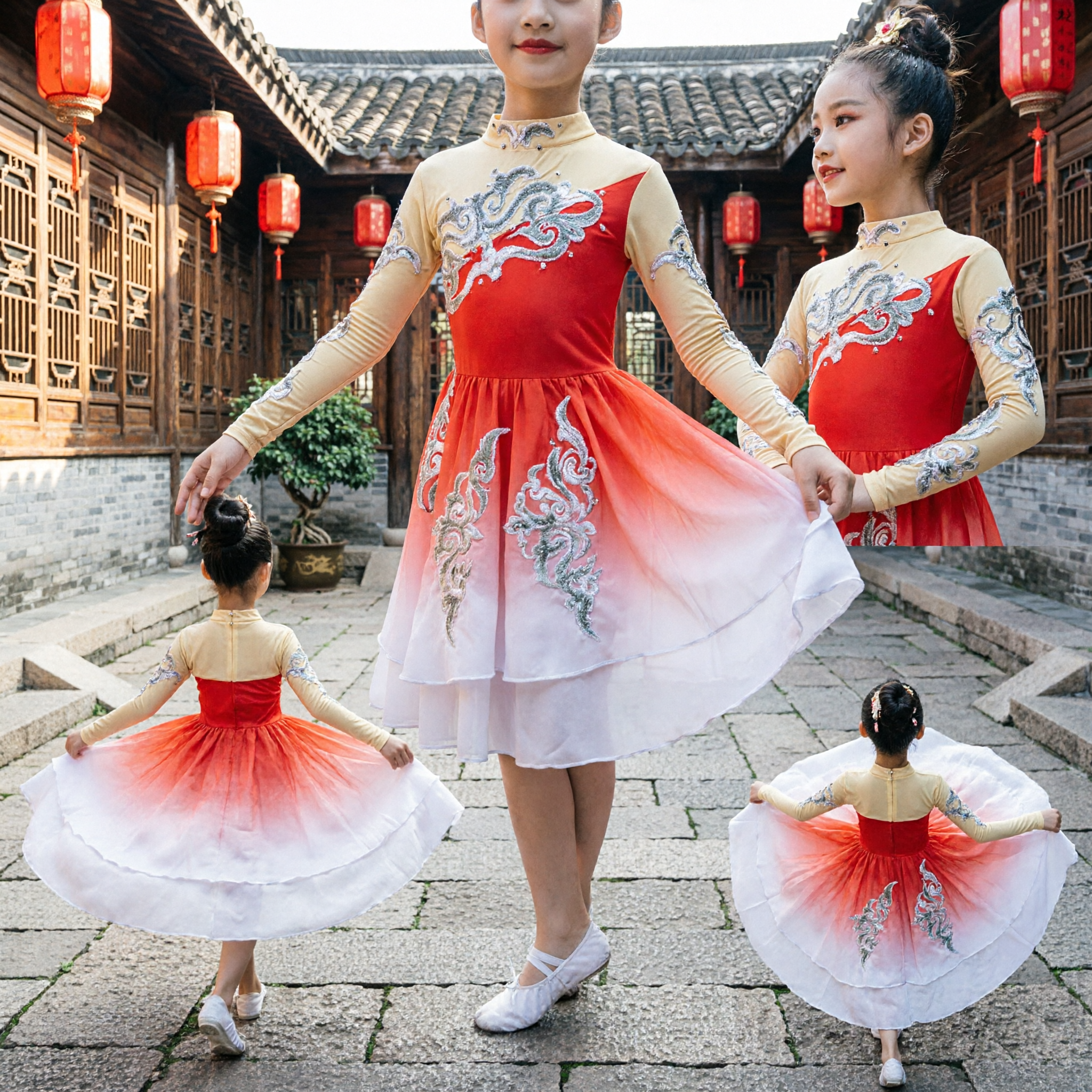 Kids Chinese Classical Dance Costume Red Gradient Dress Girls Folk Dance Stage Performance Outfit - Asian Costume