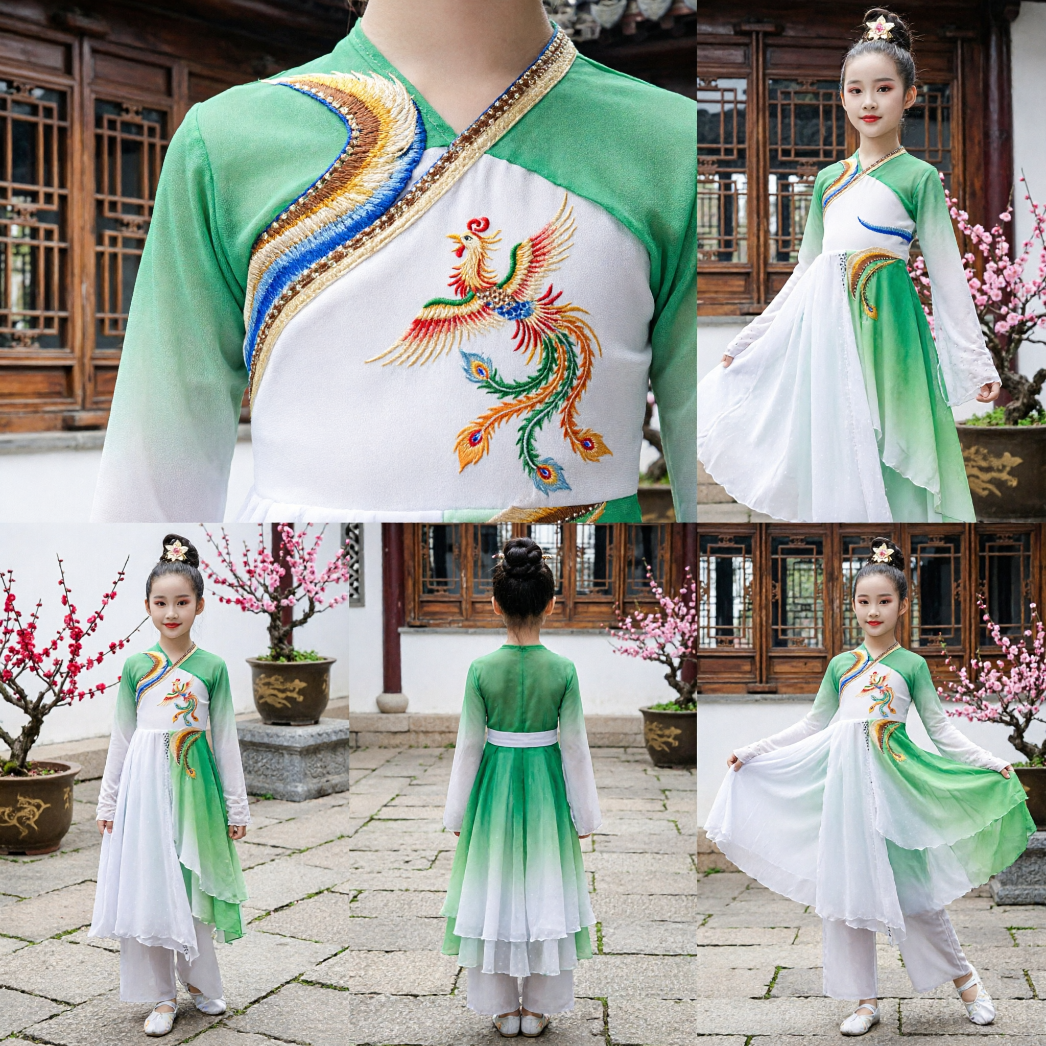 Girls Dai Peacock Dance Costume Green Gradient Classical Chinese Folk Dress Kids Stage Performance Outfit - Asian Costume