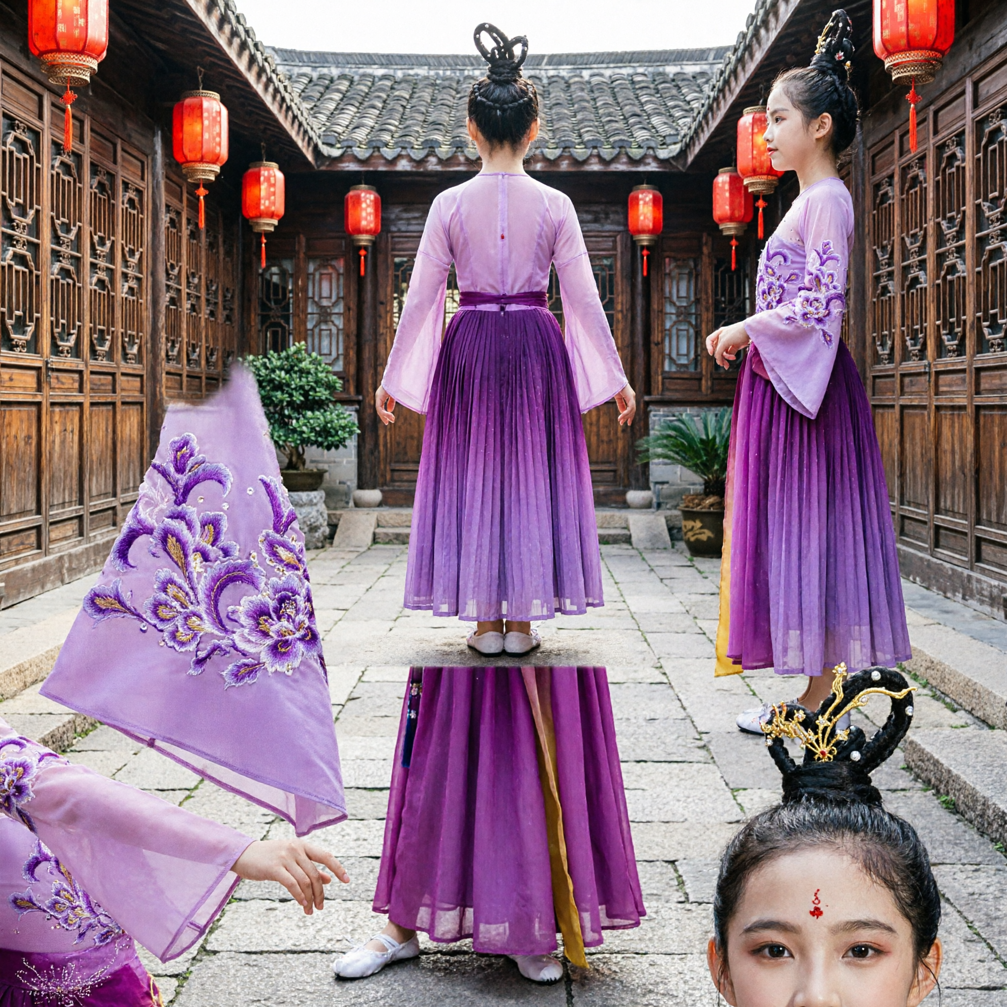 Purple Classical Chinese Dance Costume for Kids Girls Traditional Embroidered Hanfu Fairy Stage Performance Dress - Asian Costume