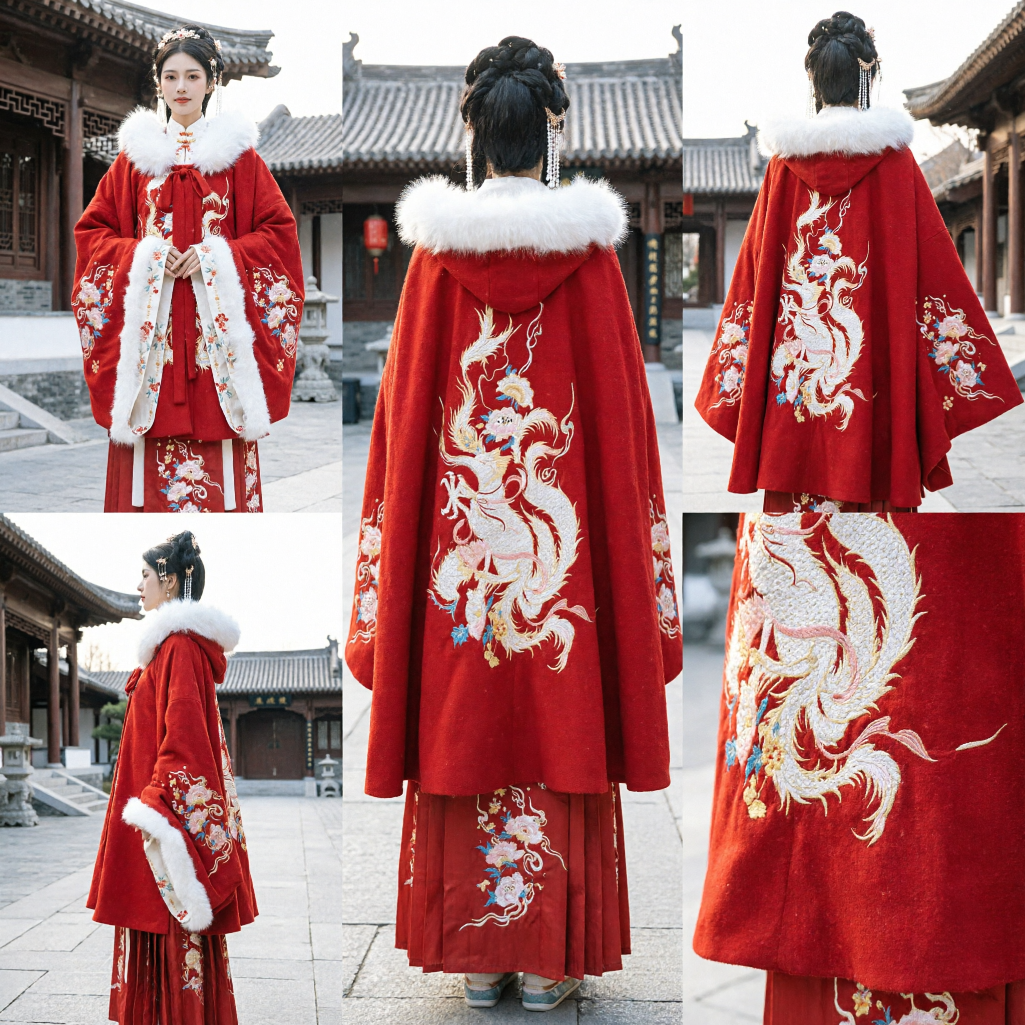 Traditional Chinese Red Hanfu Winter Cloak for Women with White Fur Collar and Phoenix Embroidery Ancient Costume - Asian Costume