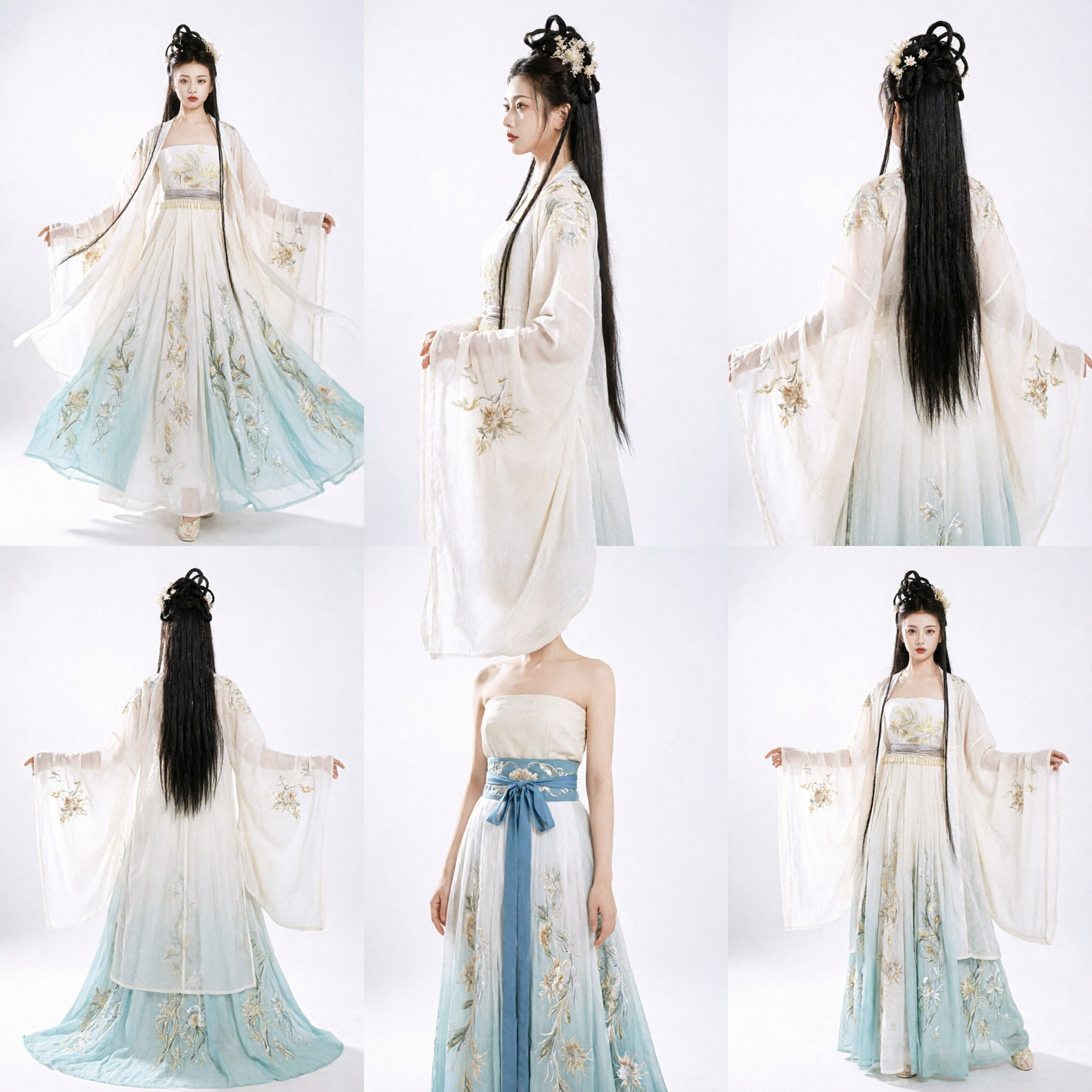 Elegant White and Blue Traditional Chinese Hanfu Ancient Fairy Costume Embroidered Dress for Women Photography - Asian Costume