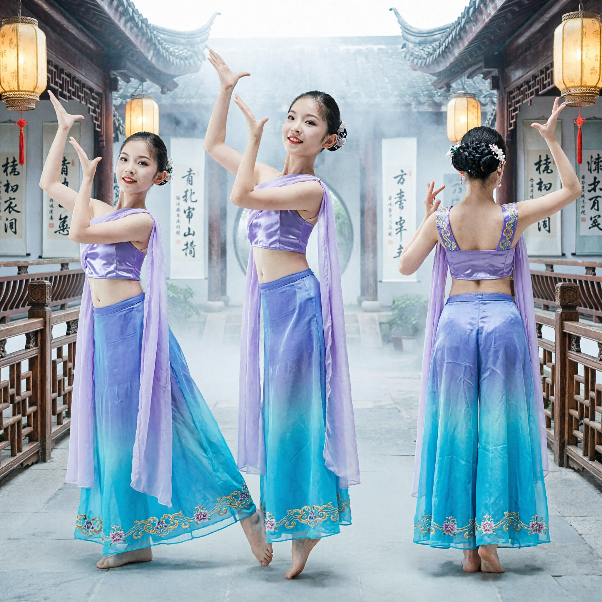 Purple Chinese Classical Dance Costume Girls Ribbon Folk Dance Dress Gradient Skirt Performance Outfit - Asian Costume
