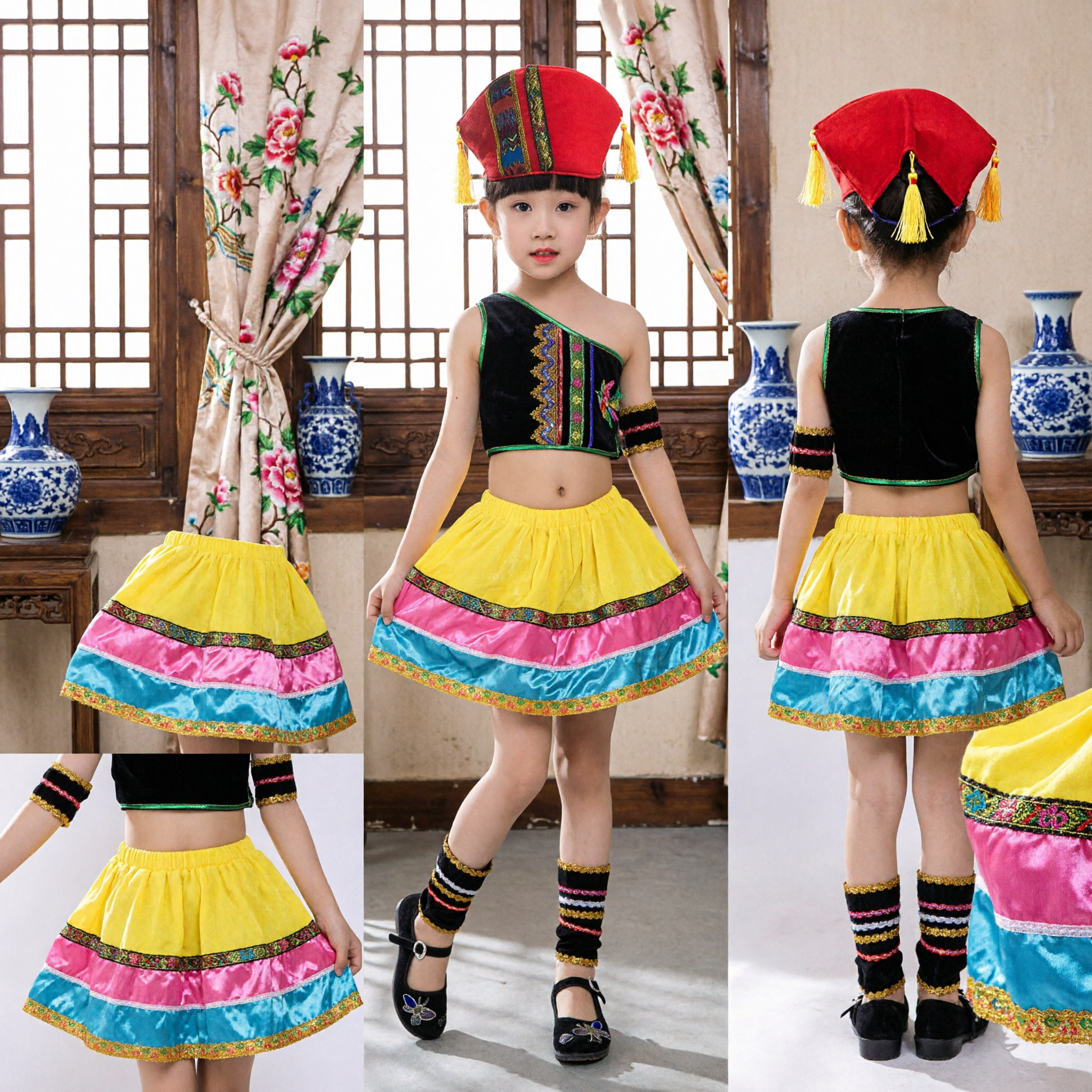 Chinese Traditional Ethnic Minority Folk Dance Costume for Kids Girls Stage Performance Zhuang Nationality Dress Set - Asian Costume