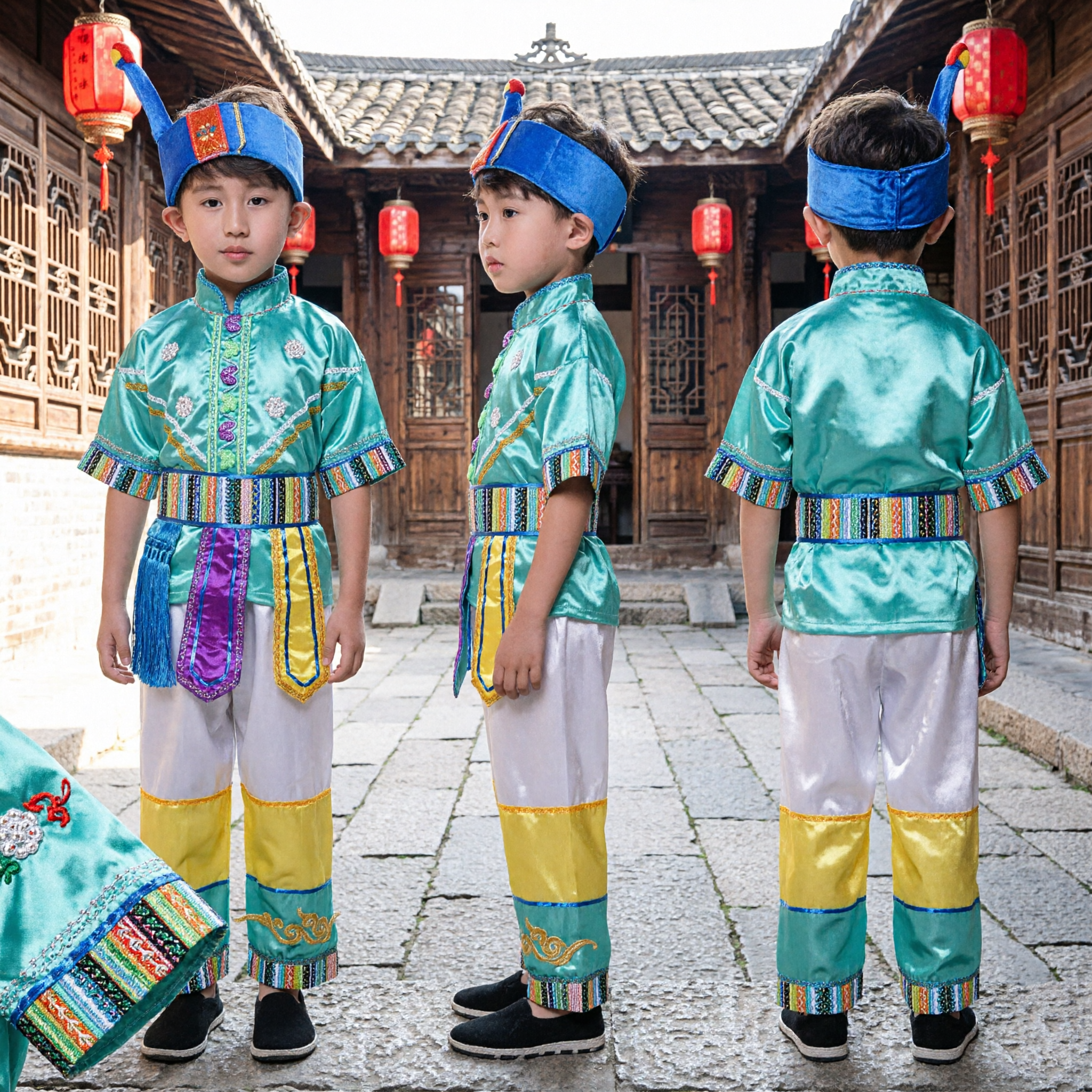 Boys Traditional Chinese Ethnic Minority Folk Dance Costume Green Satin Stage Performance Outfit for Kids - Asian Costume