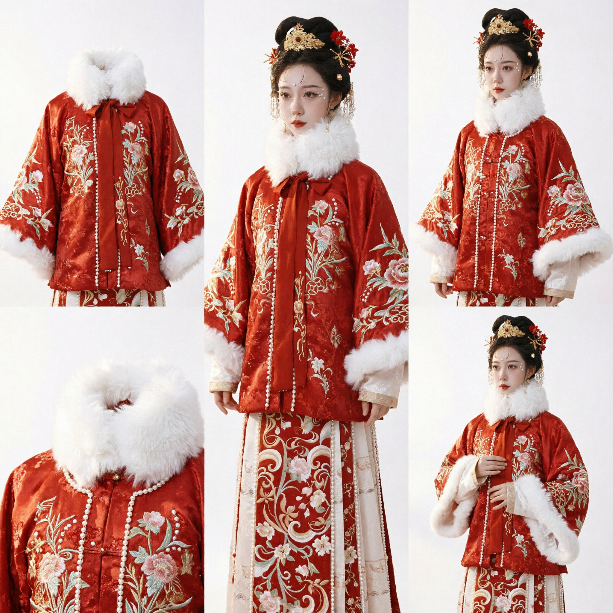 Traditional Chinese Hanfu Winter Set Red Ming Dynasty Embroidered Fur Collar Coat for Women Wedding New Year - Asian Costume
