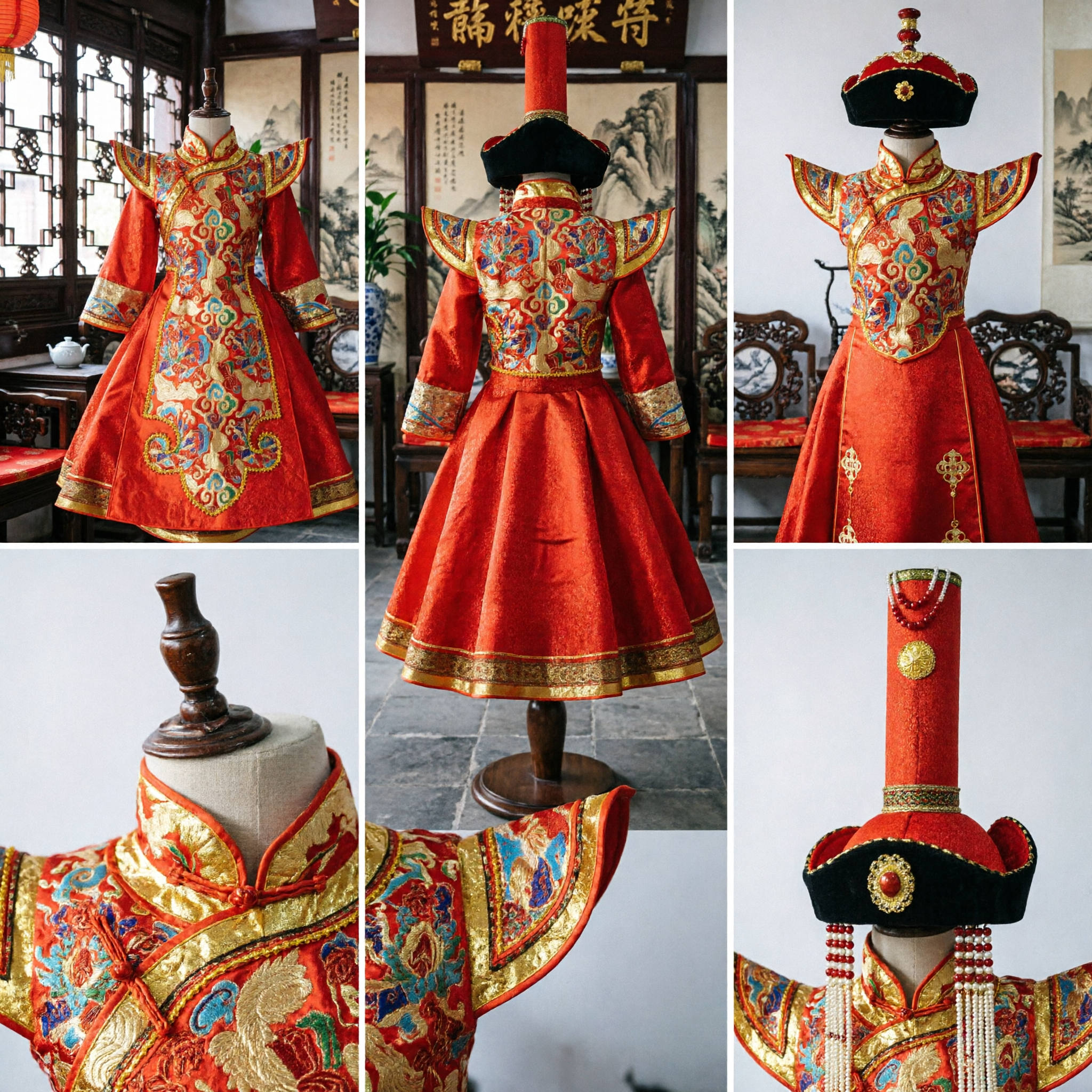 Traditional Mongolian Ethnic Red Satin Dress Chinese Folk Dance Costume for Women with Tall Hat - Asian Costume