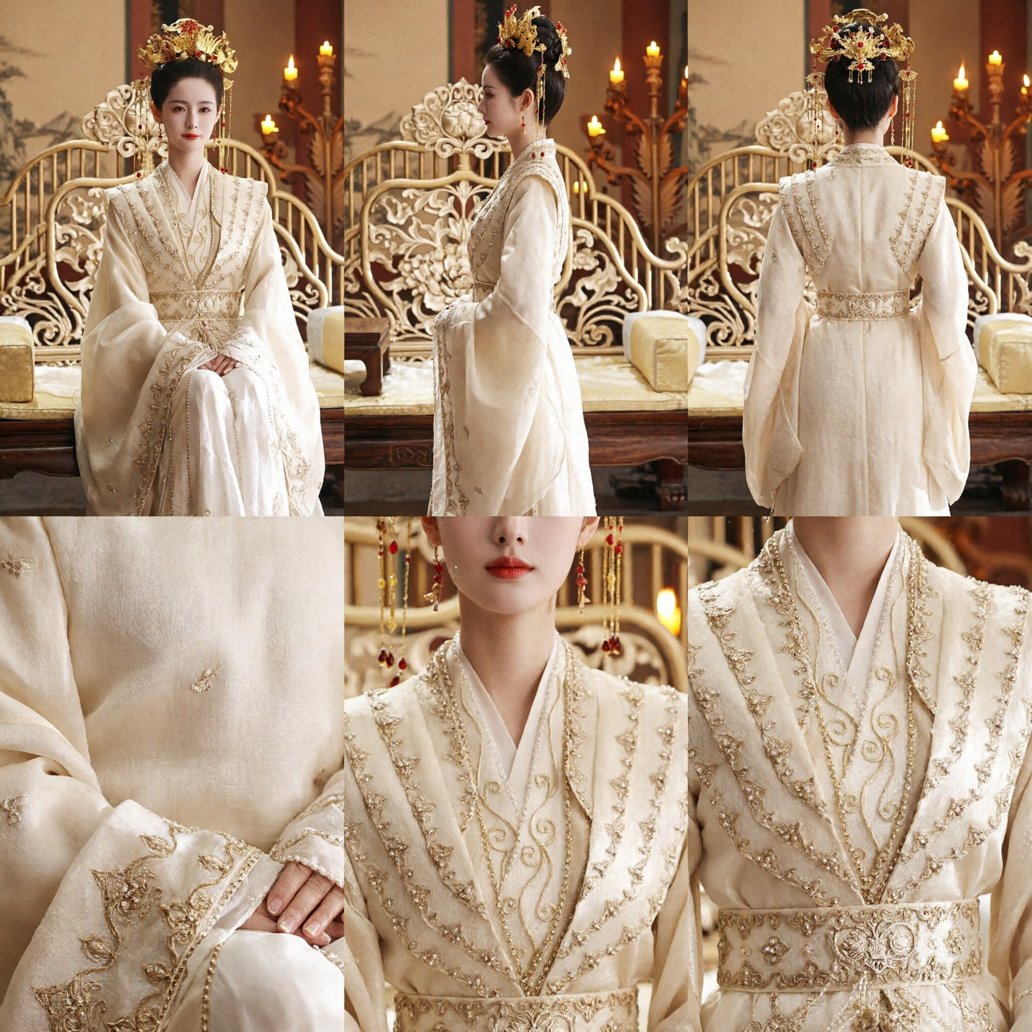 Elegant Ancient Chinese Empress Hanfu Costume Cream Gold Embroidered Royal Robe for Women Cosplay Performance - Asian Costume