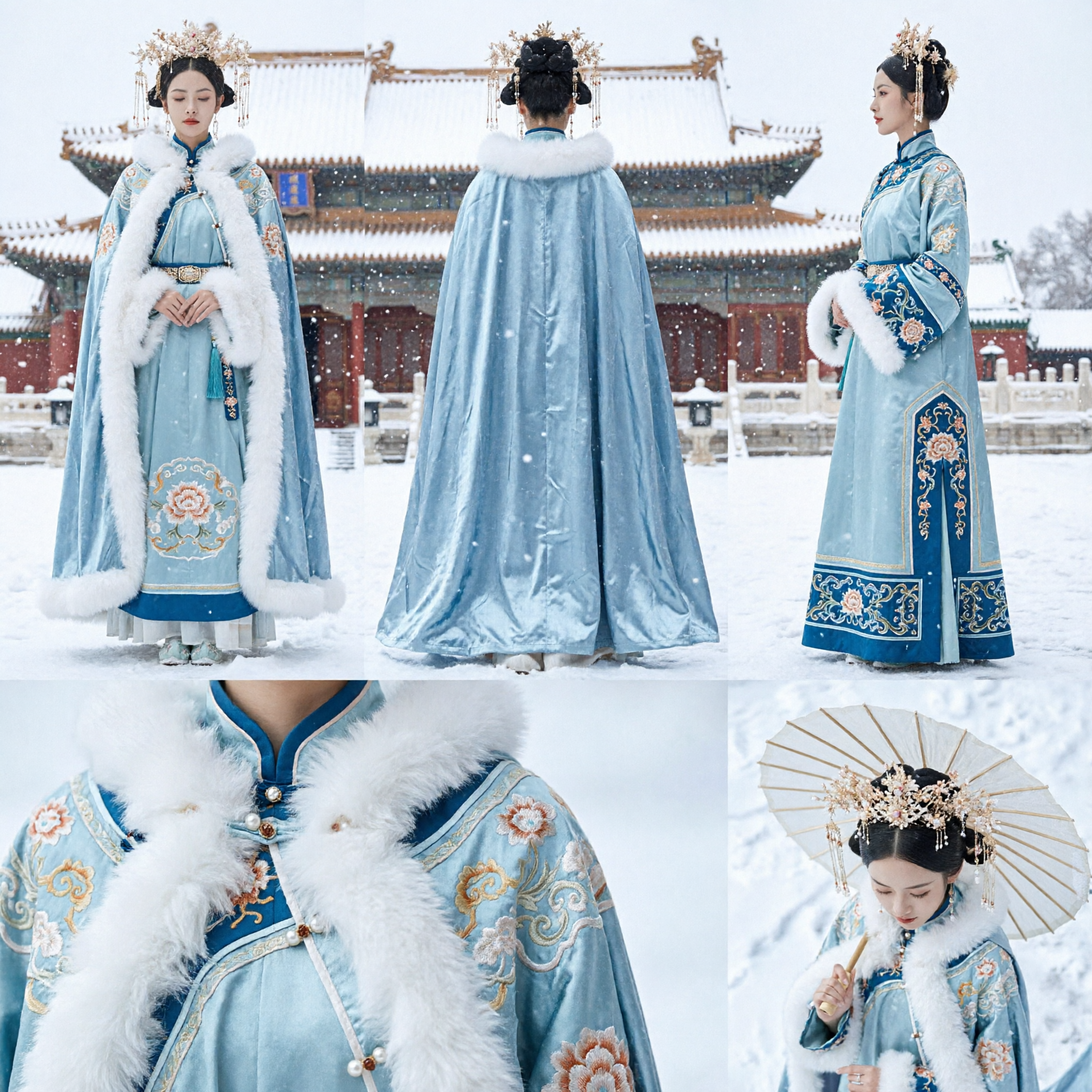 Elegant Blue Hanfu Winter Cloak with White Fur Trim Ancient Chinese Palace Lady Costume for Women - Asian Costume