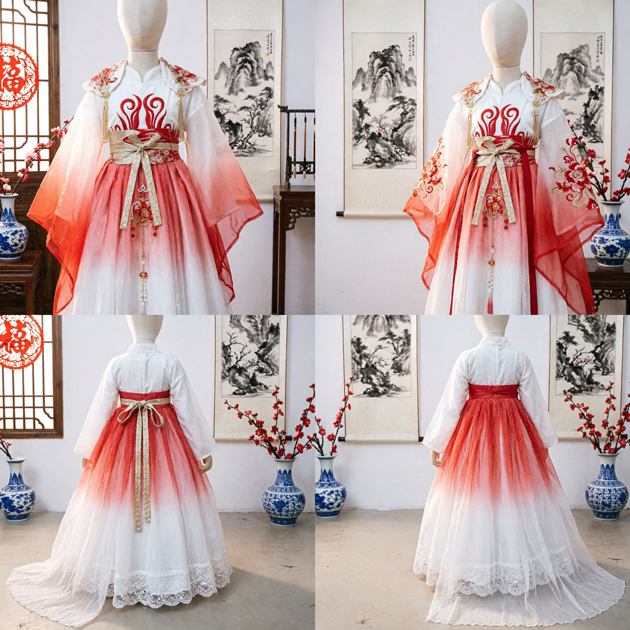 Elegant Red and White Ombre Hanfu Dress Traditional Chinese Ancient Fairy Costume for Women Stage Performance - Asian Costume