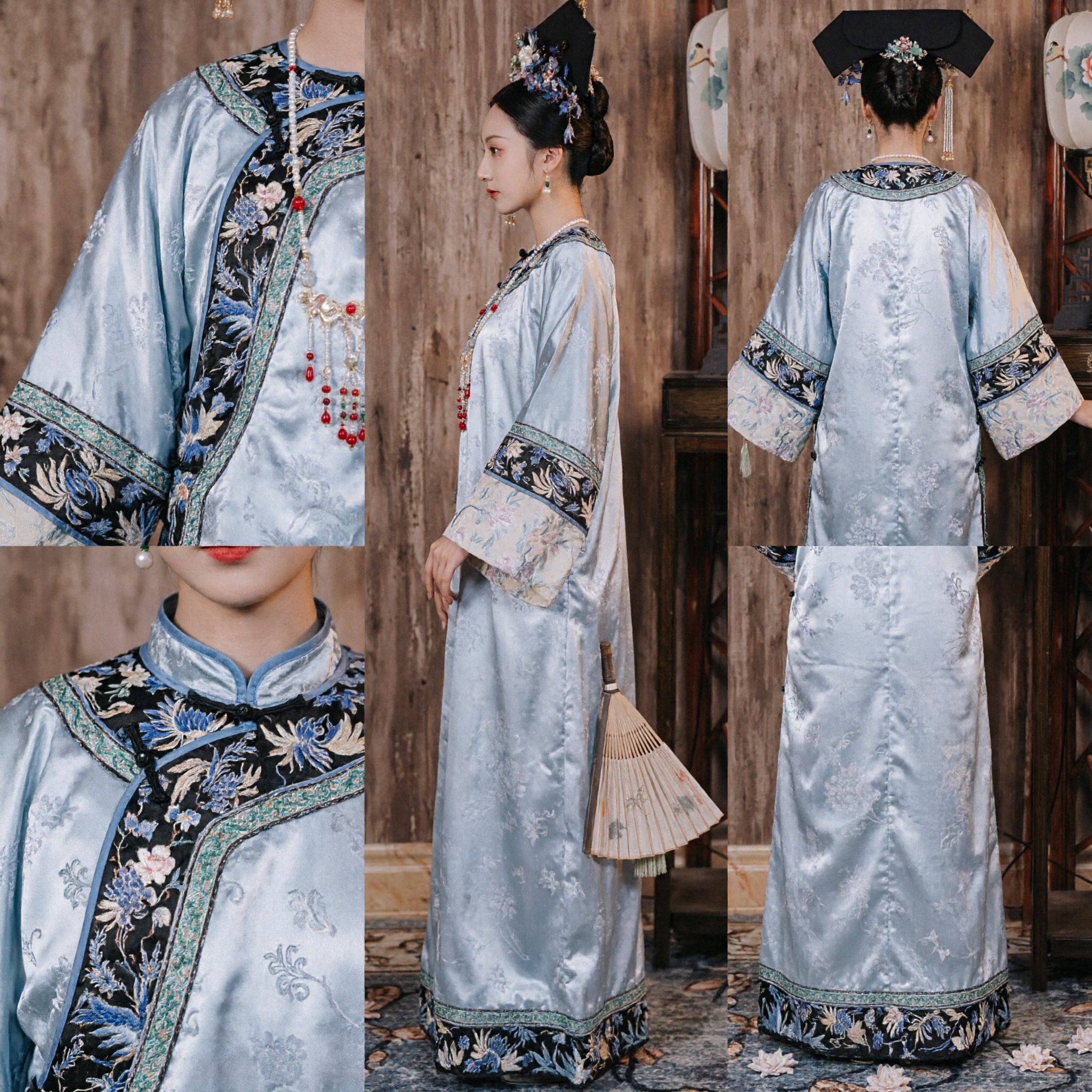Elegant Light Blue Qing Dynasty Manchu Princess Costume Traditional Chinese Ancient Palace Embroidered Robe for Women - Asian Costume