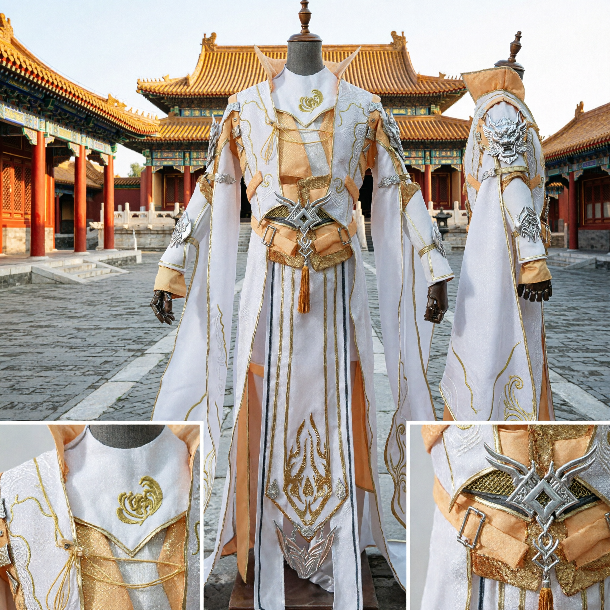 Men's White and Gold Chinese Fantasy Prince Cosplay Costume Robe with Intricate Embroidery and Armor - Asian Costume