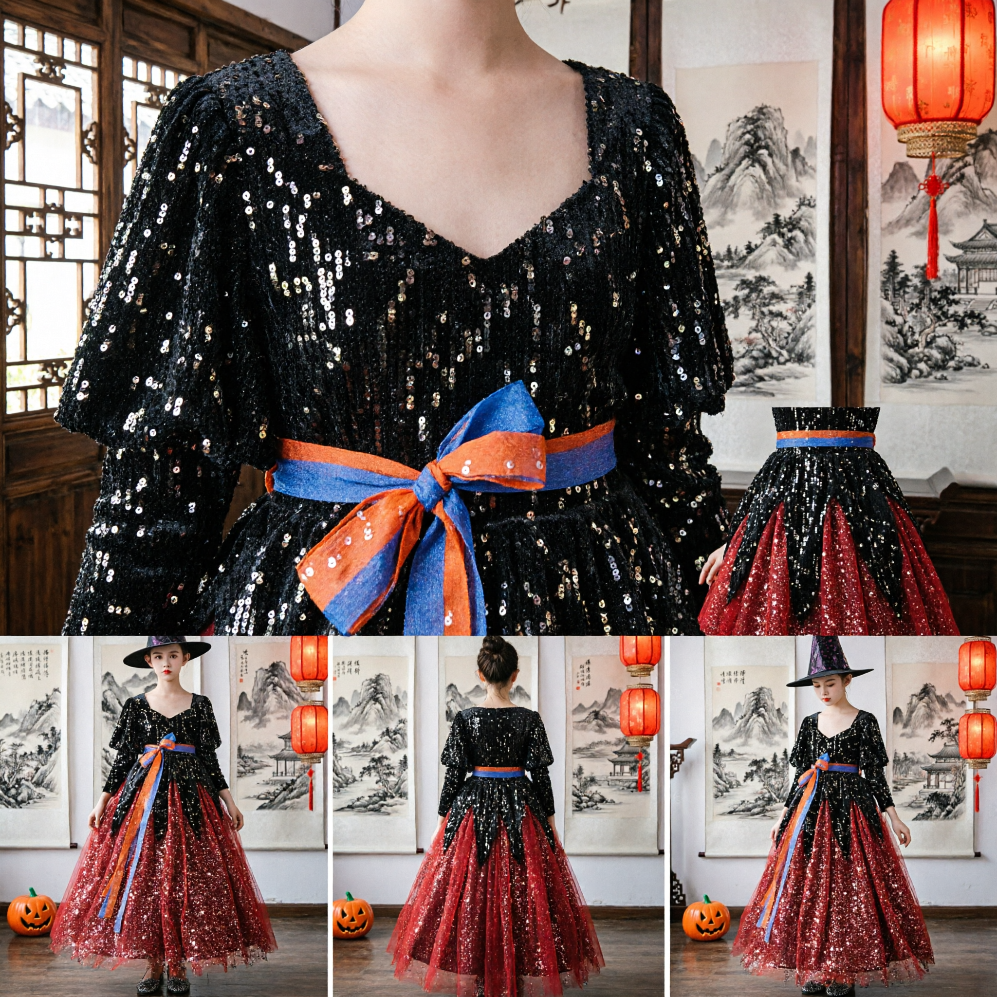 Girls Halloween Witch Costume Black Velvet Star Dress Red Tulle Skirt Magic Hat Set for Kids Party - Asian Costume