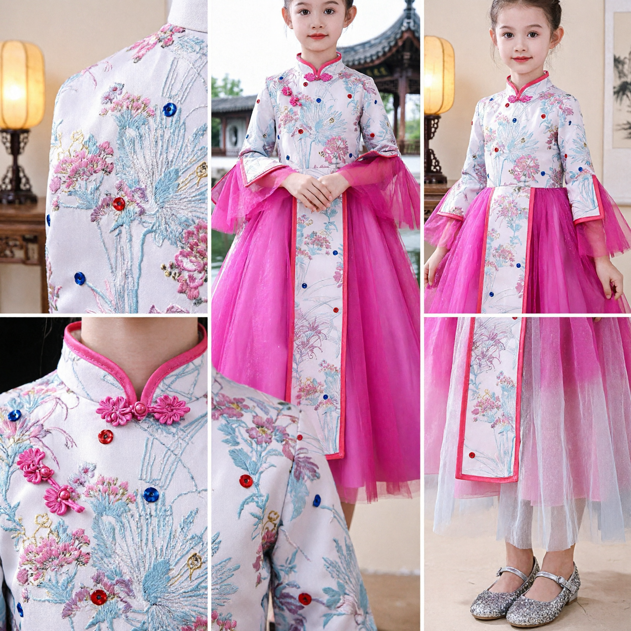 Girls Traditional Chinese Cheongsam Dress Pink Tulle Princess Gown for Wedding Party Stage Performance - Asian Costume