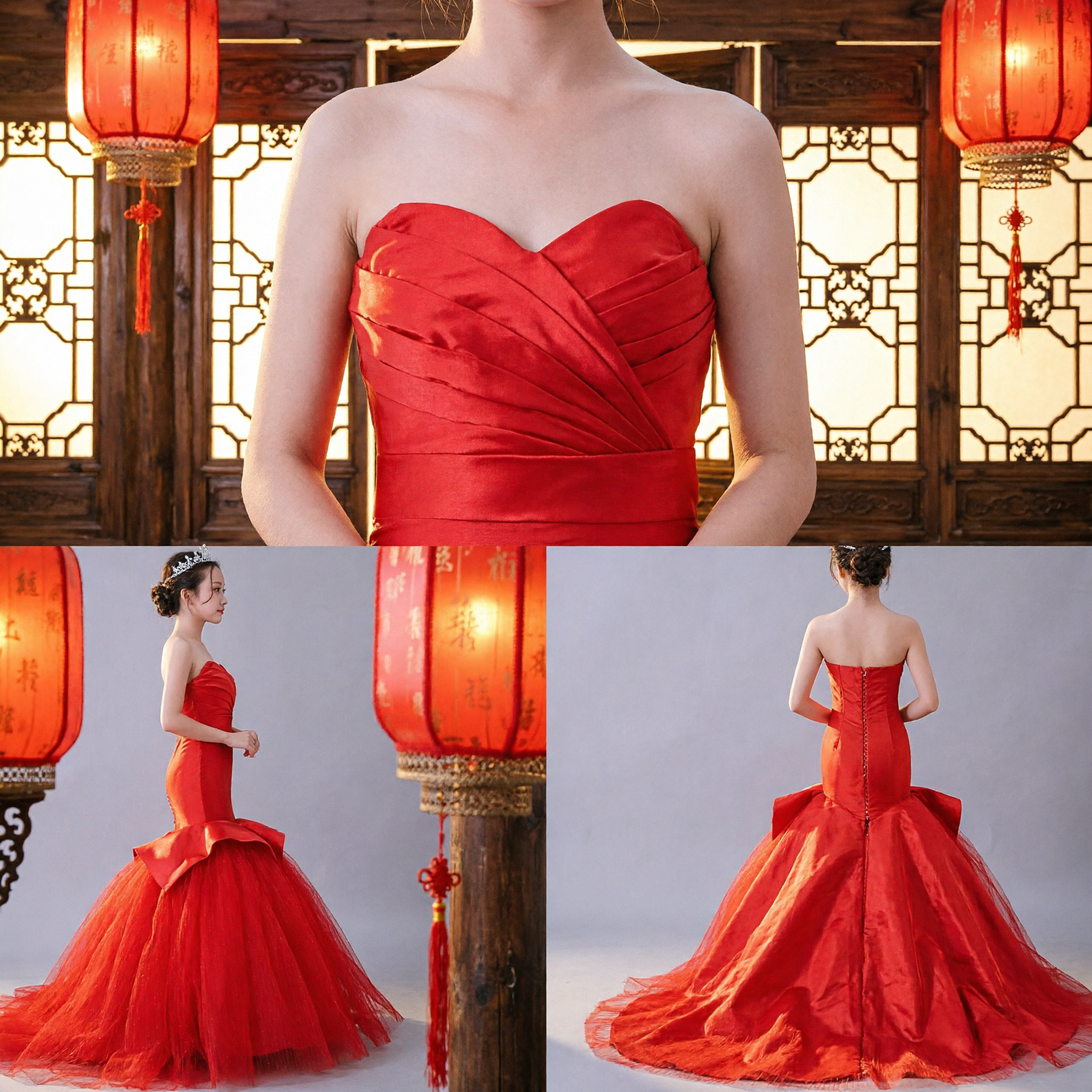 Girls Red Mermaid Princess Gown Formal Pageant Wedding Flower Girl Strapless Tulle Evening Dress - Asian Costume